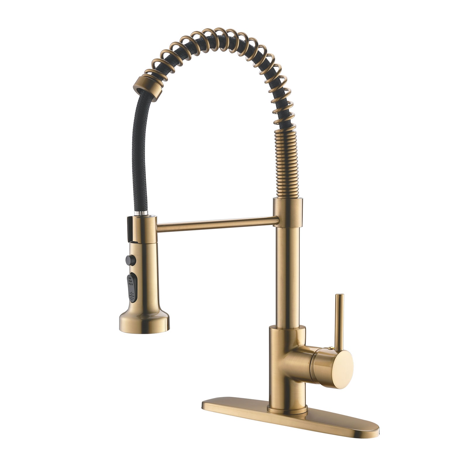 Brushed Gold Single Handle Pull-down Kitchen Faucet with Sprayer (Deck Plate Included) | - Fapully FA-B-1007NG-D