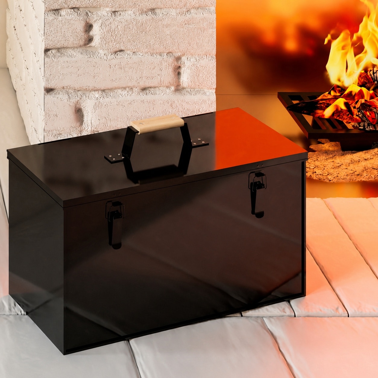 Phyfalip Ash Bucket Black FB204 Sturdy Galvanized Iron Ash Carrier with Oak Wooden Handle and Lid for Fireplace and Fire Pit Ash Storage #LPF0818P018