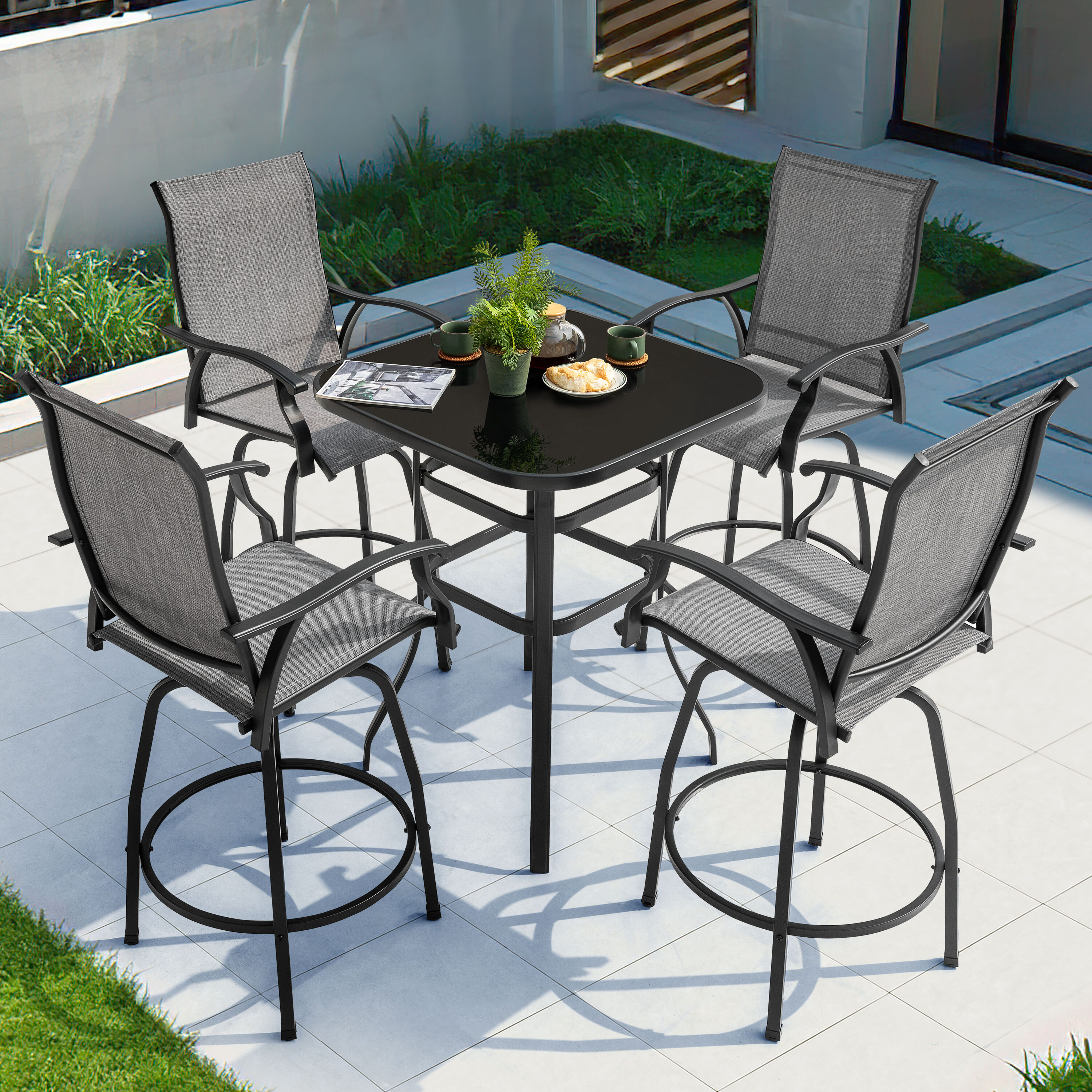 Nuu Garden SID138J4-102BK 5 -Piece Black Bar Height Patio Dining Set Iron Square Table with 4 Gray Swivel Chairs