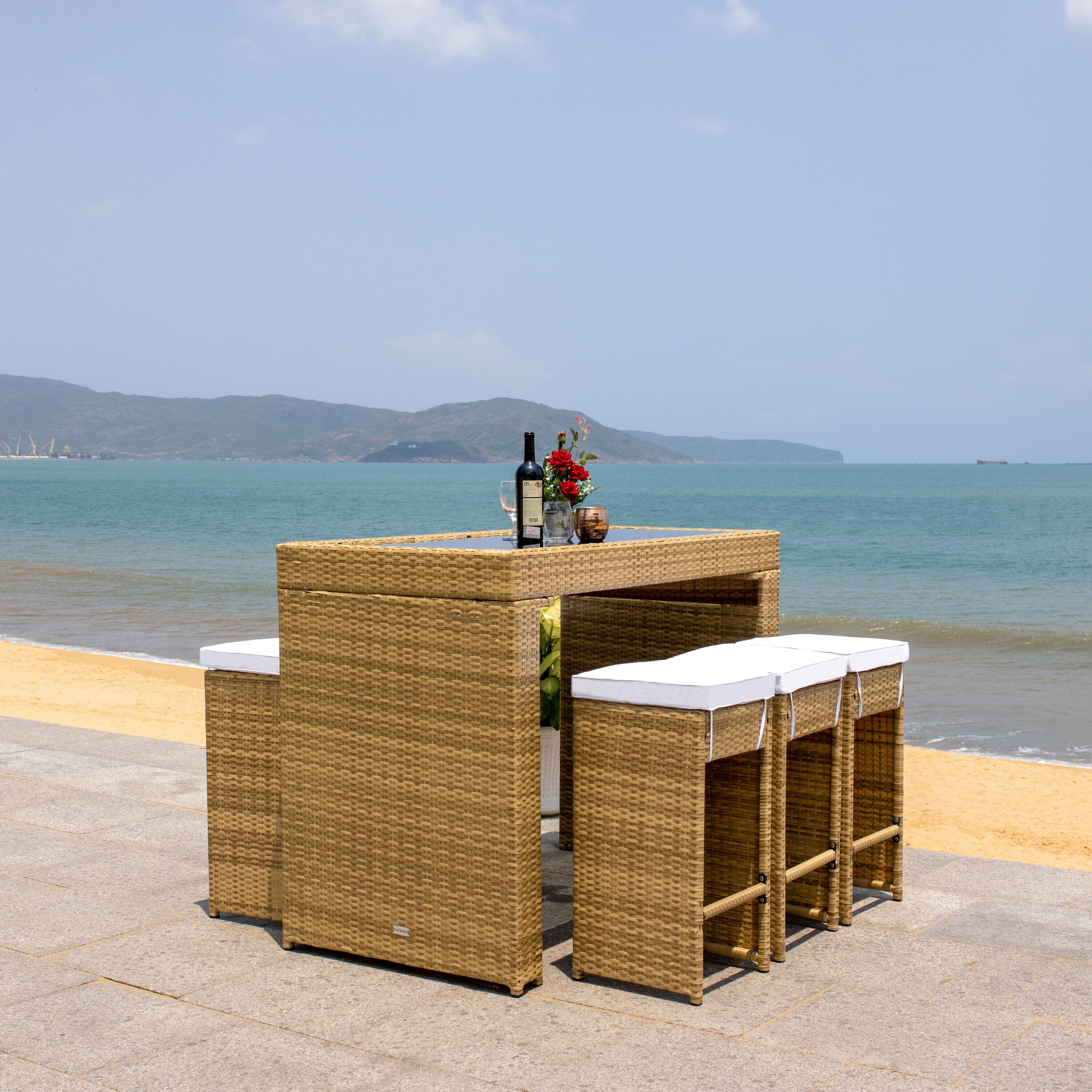 Natural Wicker 7-Piece Outdoor Dining Set with White Cushions