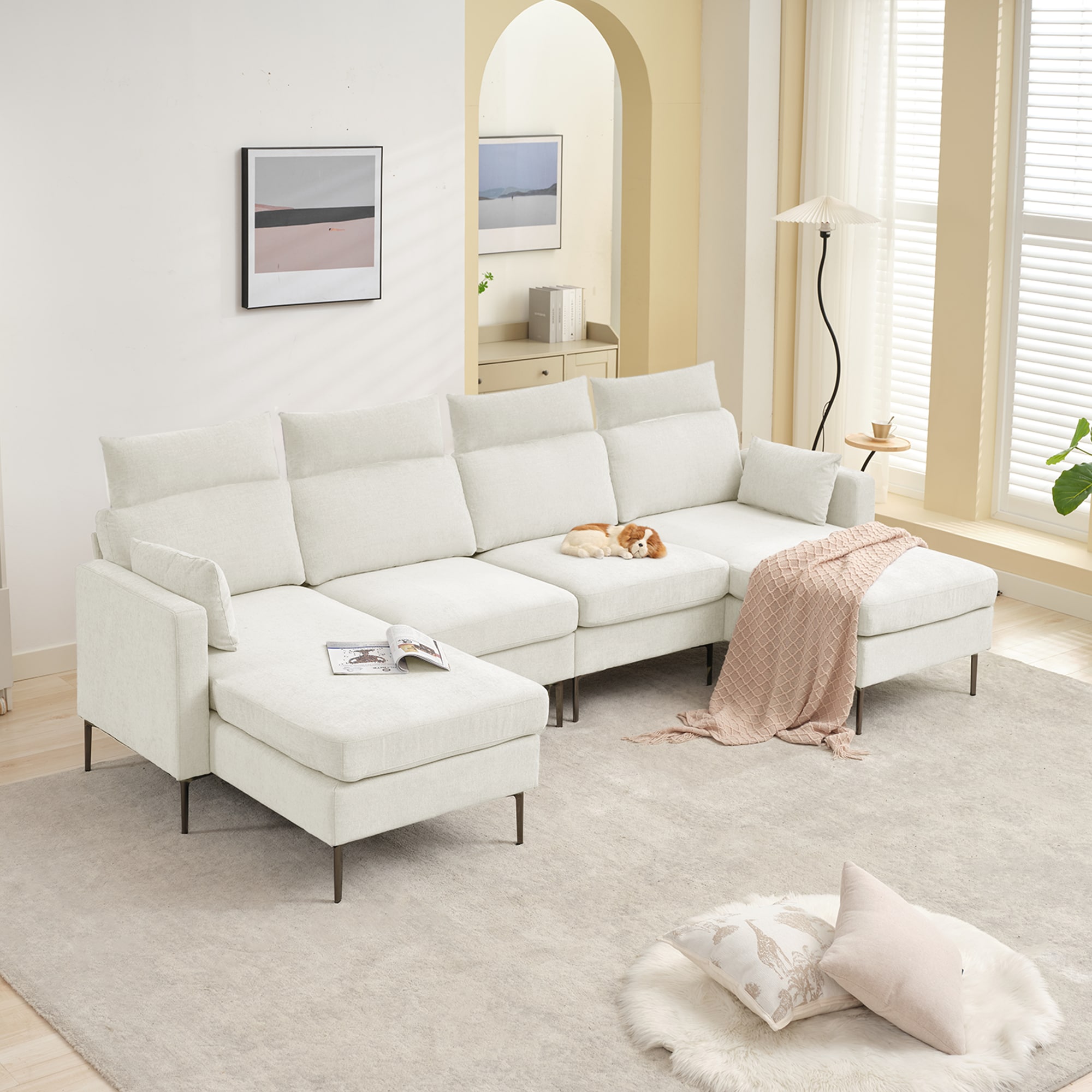 VOUA SAF-SDLXNECJ-GR 116.5-in Casual Beige Microfiber 4 -seater Sofa