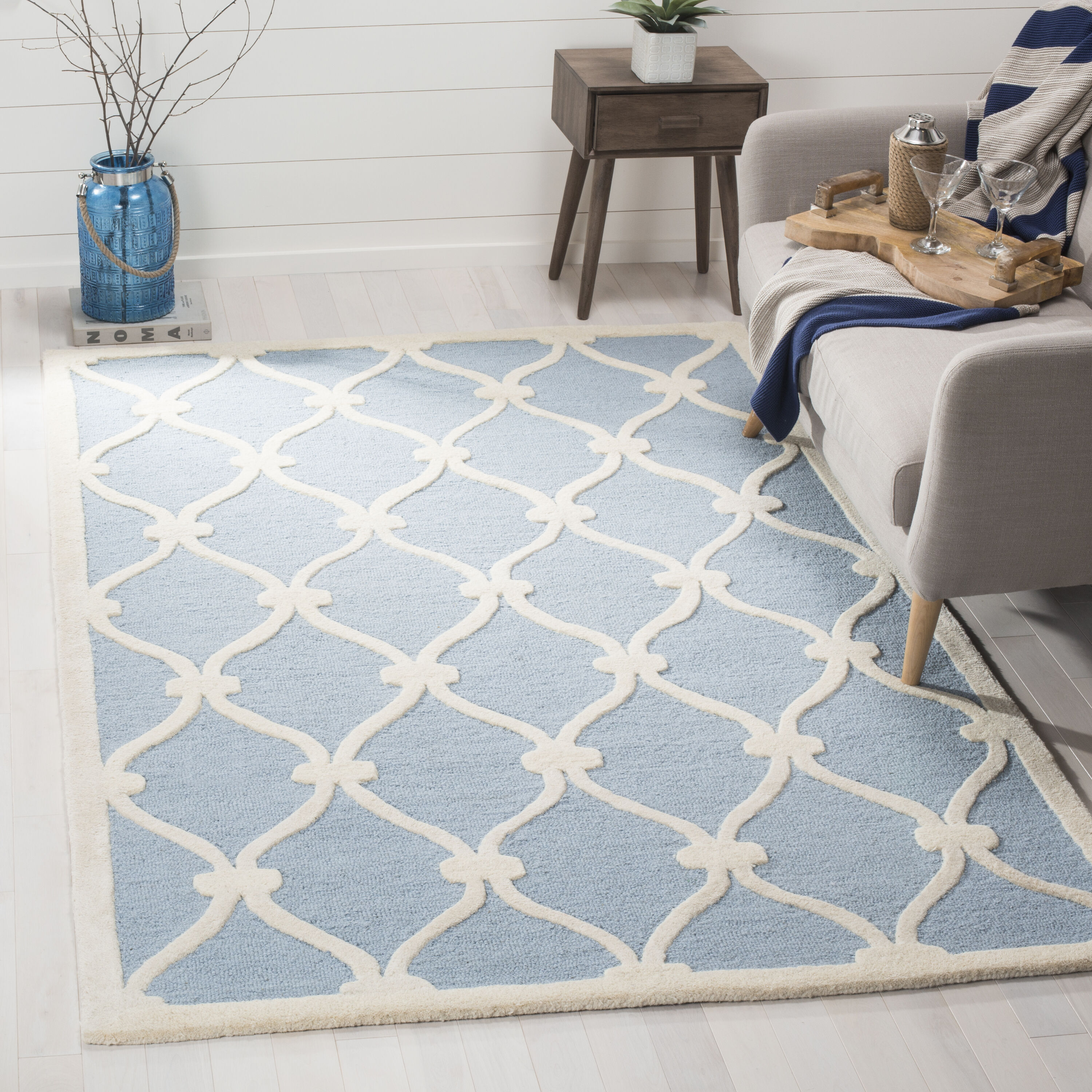 Cambridge 6 x 9 (ft) Tufted Wool Blue/Ivory Rectangular Indoor Geometric Mid-Century Modern Professionally Clean Only Area rug