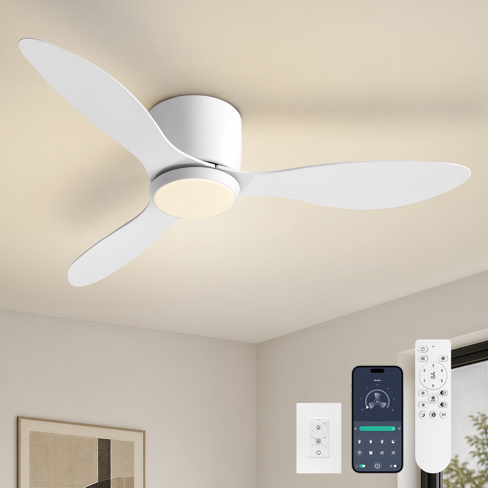 Liwidu  42 inch White Ceiling Fans with Lights Modern Fandelier  Low Profile Ceiling Fan with Wall Control and Remote Control Dimmable Flush Mount Ceiling Fan with Reversible Motor for Bedroom