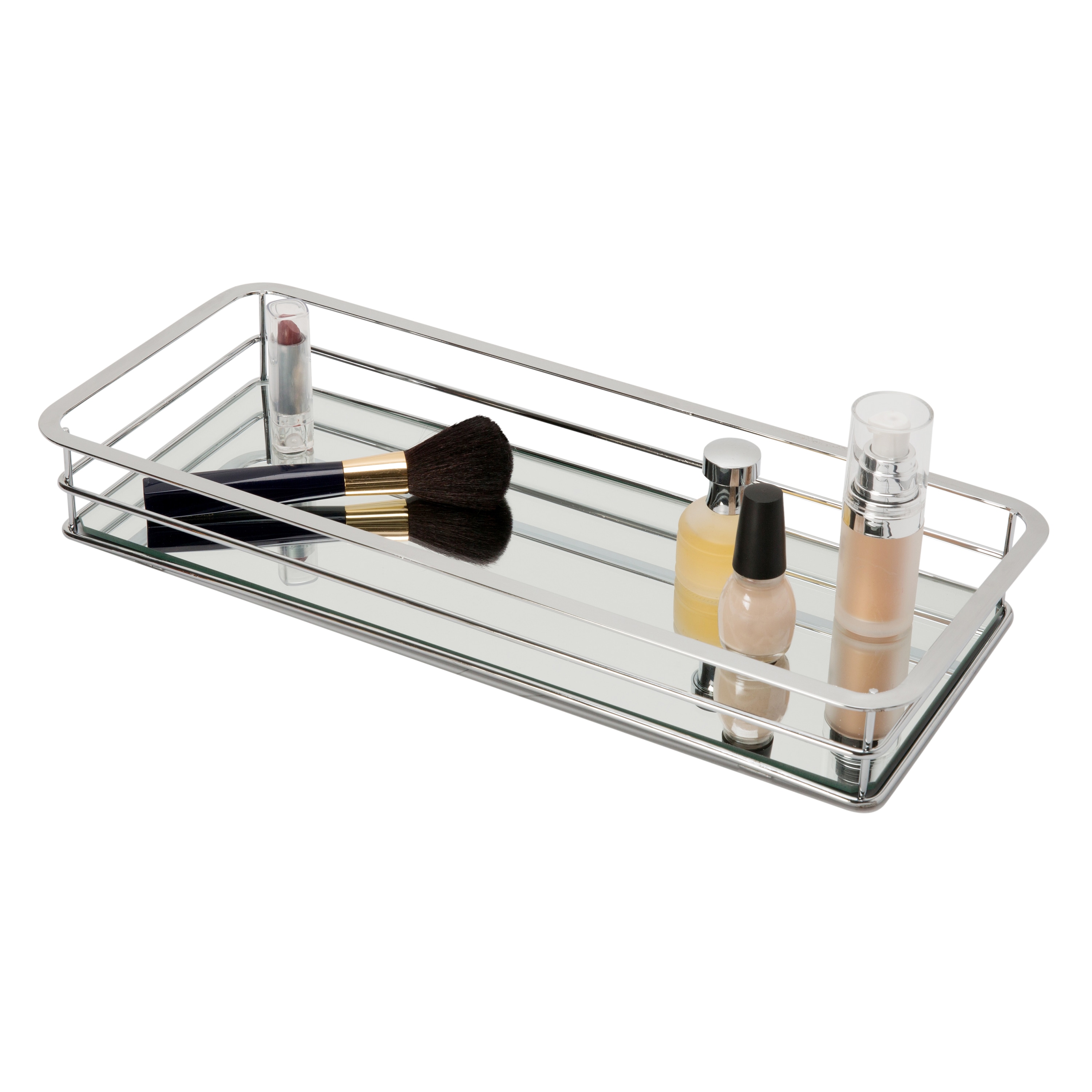 Chrome Finish Rectangular Vanity Tray with Reflective Glass Base