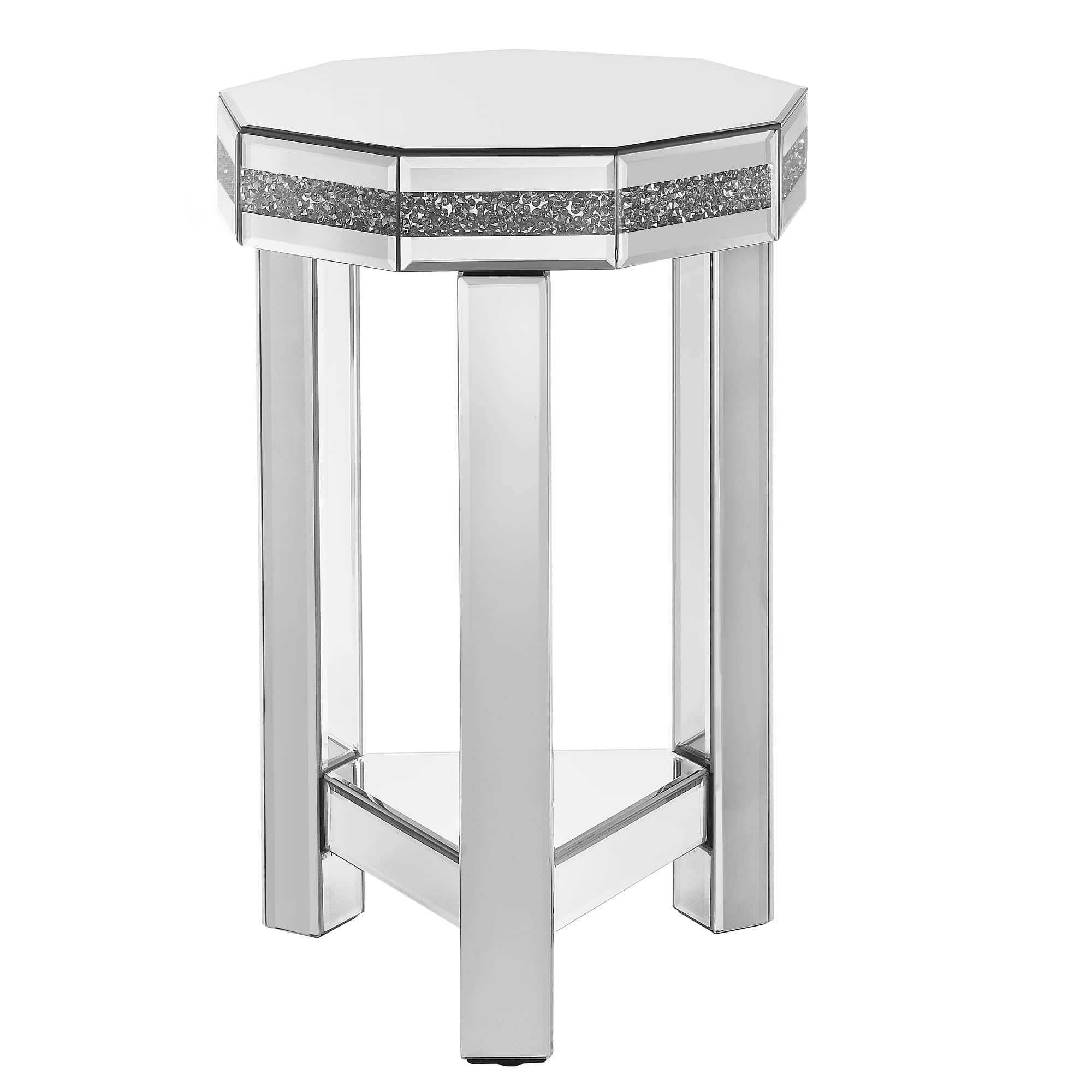Vynxaria  Silver Octagon MDF Indoor Accent End Table 2-Tier with Mirrored Top Crystal Inlay 13x13x21 Inch
