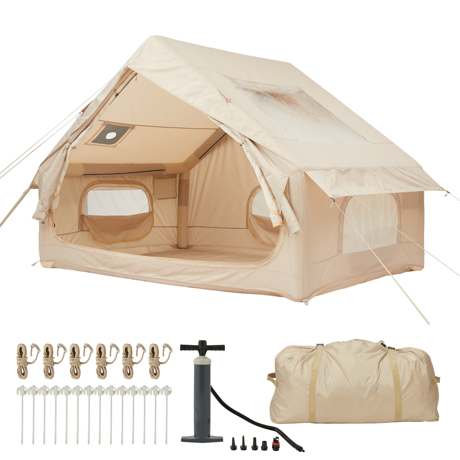 IdealHouse Quick Setup Inflatable Camping Tent for 2-4 People - Waterproof Air Tent with Skylight Mesh Window Stove Jack and Hand Pump Ideal for Camping and Beach