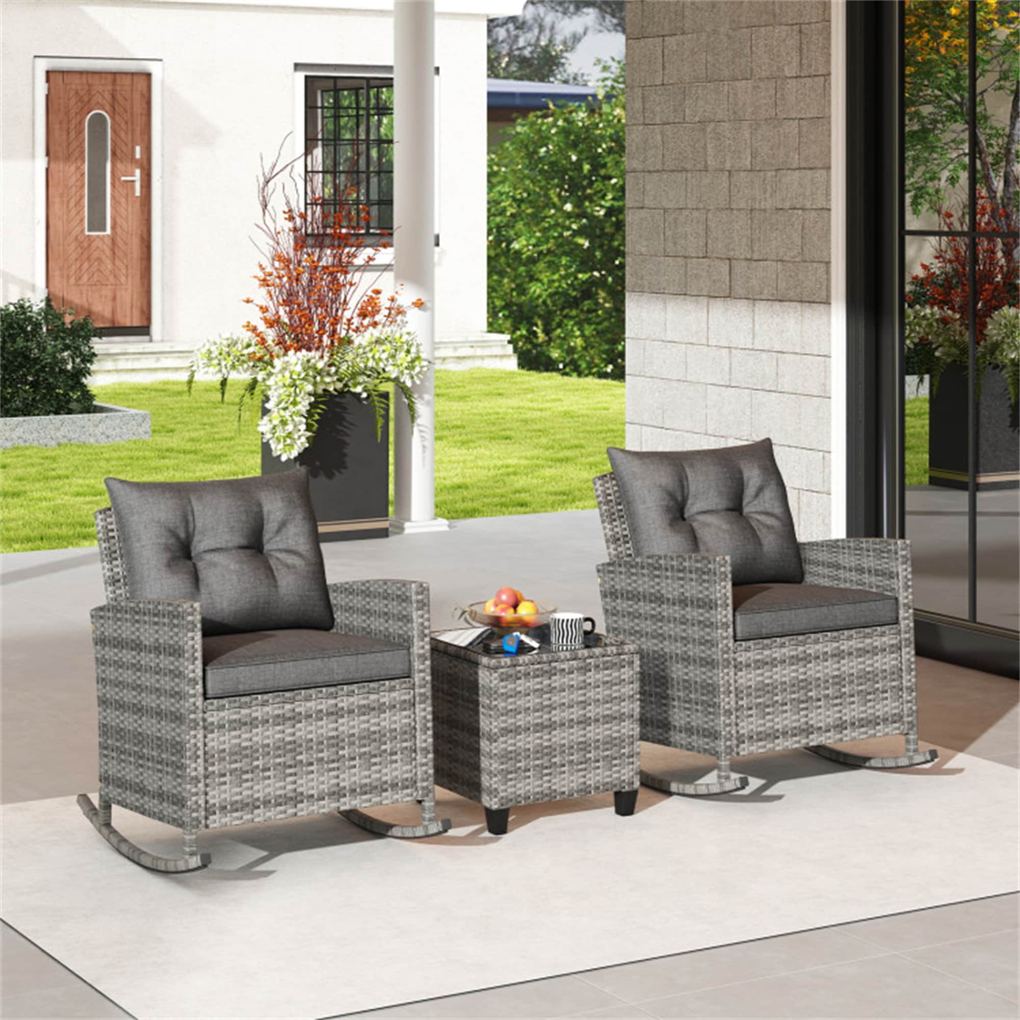 BABOOM BOM-HW70816-CO Outdoor Rocking Set 3 -Piece Rattan Patio Conversation Set with Gray Cushions