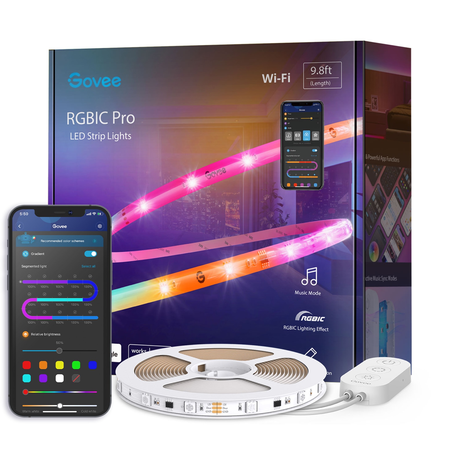 Govee RGBIC LED Smart Strip Light 9.8ft. Wi-Fi + Bluetooth, Color Changing, Dimmable, Energy Efficient, ETL Listed