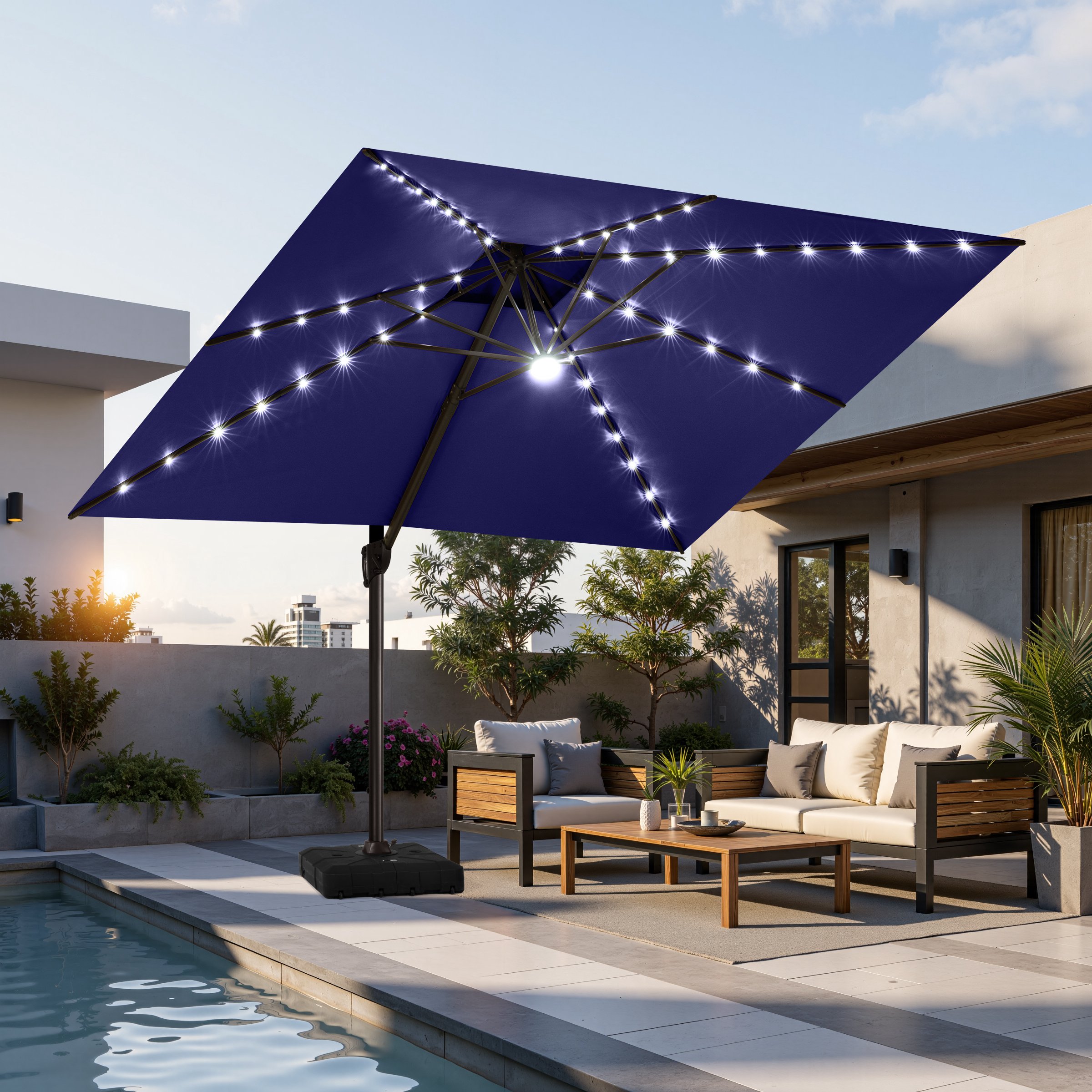 Crestlive Products 11-ft Aluminum Blue Slide-tilt Cantilever Patio Umbrella with Lights with Base