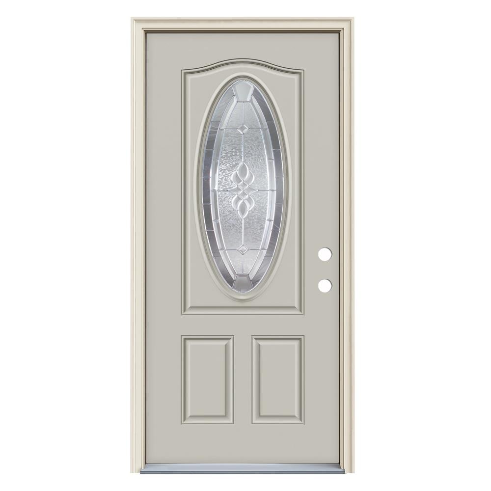 JELD-WEN LOWOLJW230400031 Hampton 36-in x 80-in x 4-9/16-in Steel Oval lite Left-hand inswing Ash Painted Prehung Front Door with Brickmould Insulating core