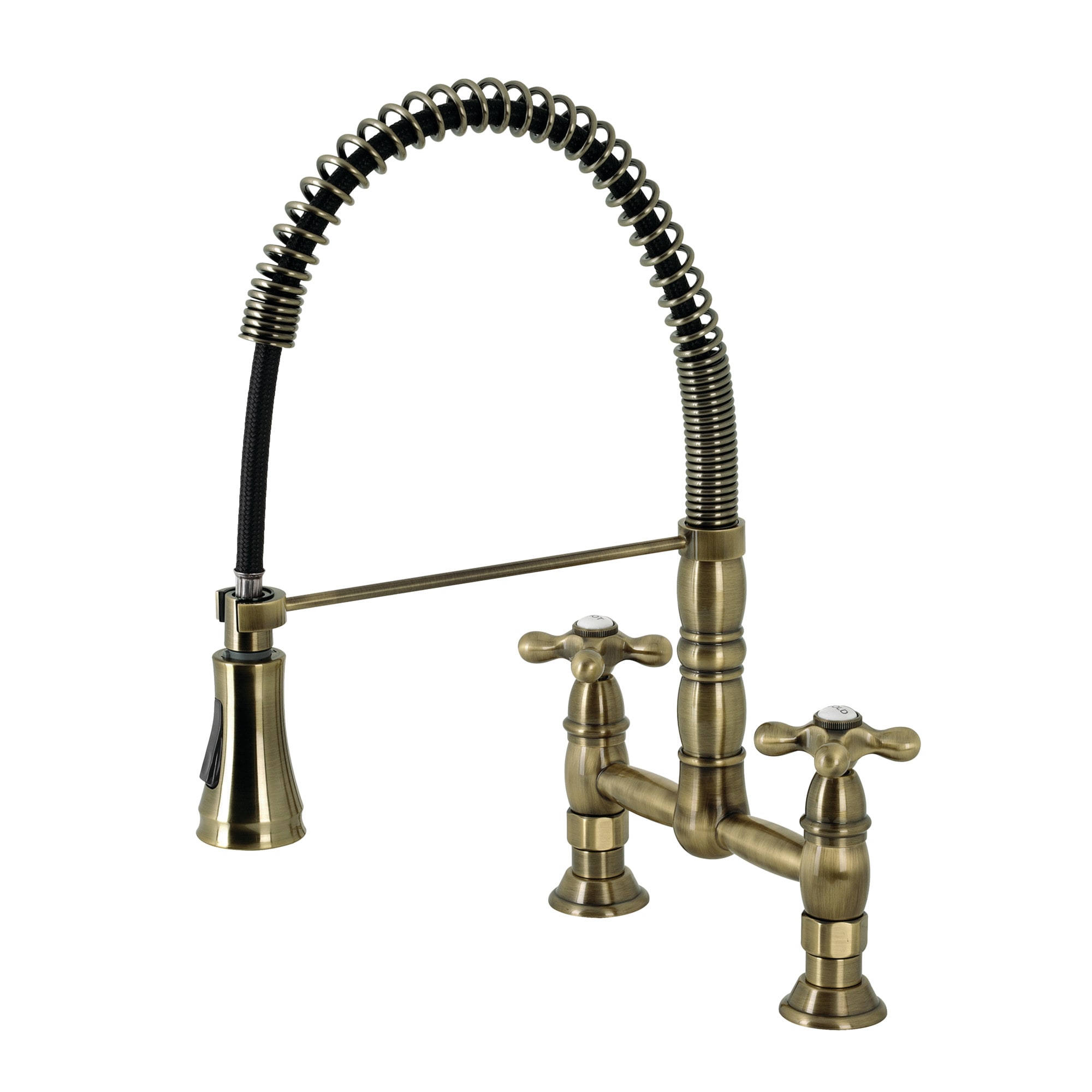 Kingston Brass WLGS1273AX Heritage Antique brass Double Handle Deck-mount Bridge Kitchen Faucet with Sprayer