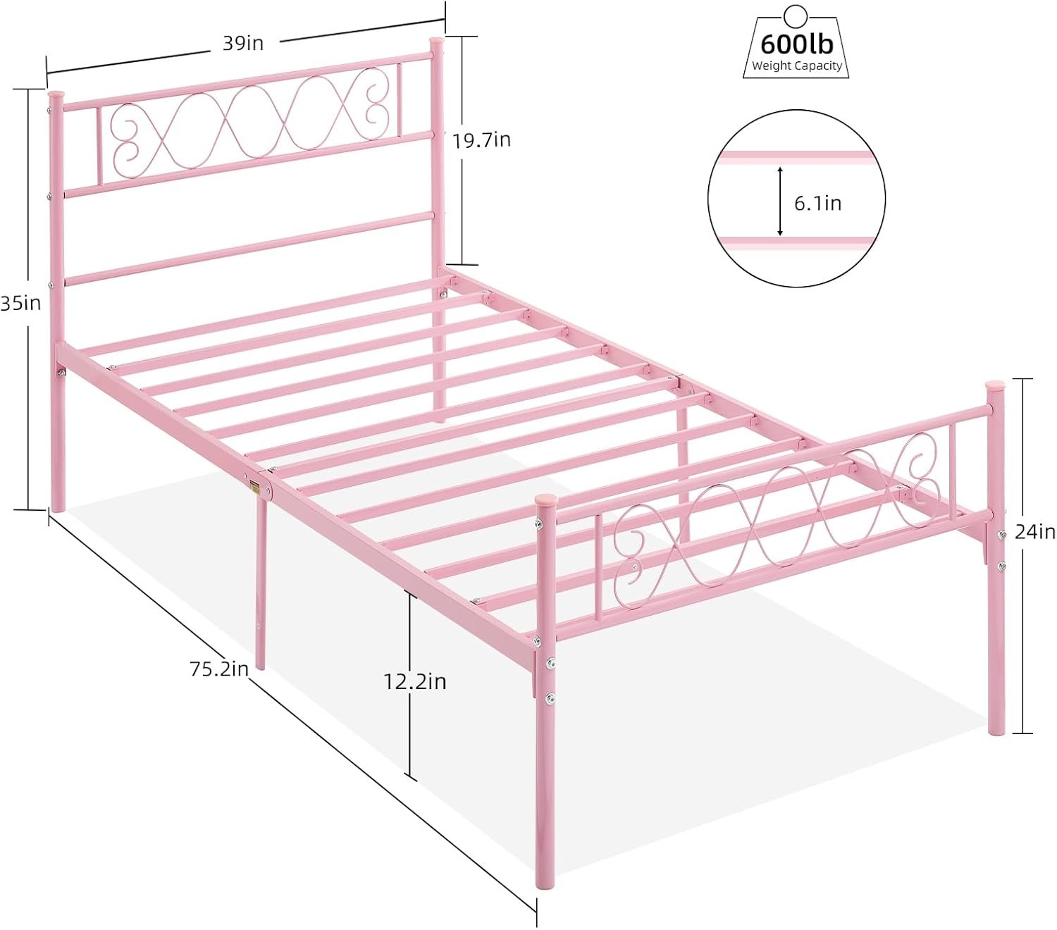 Der Rose Twin Size Metal Bed Frame with Heart Headboard and Footboard ...