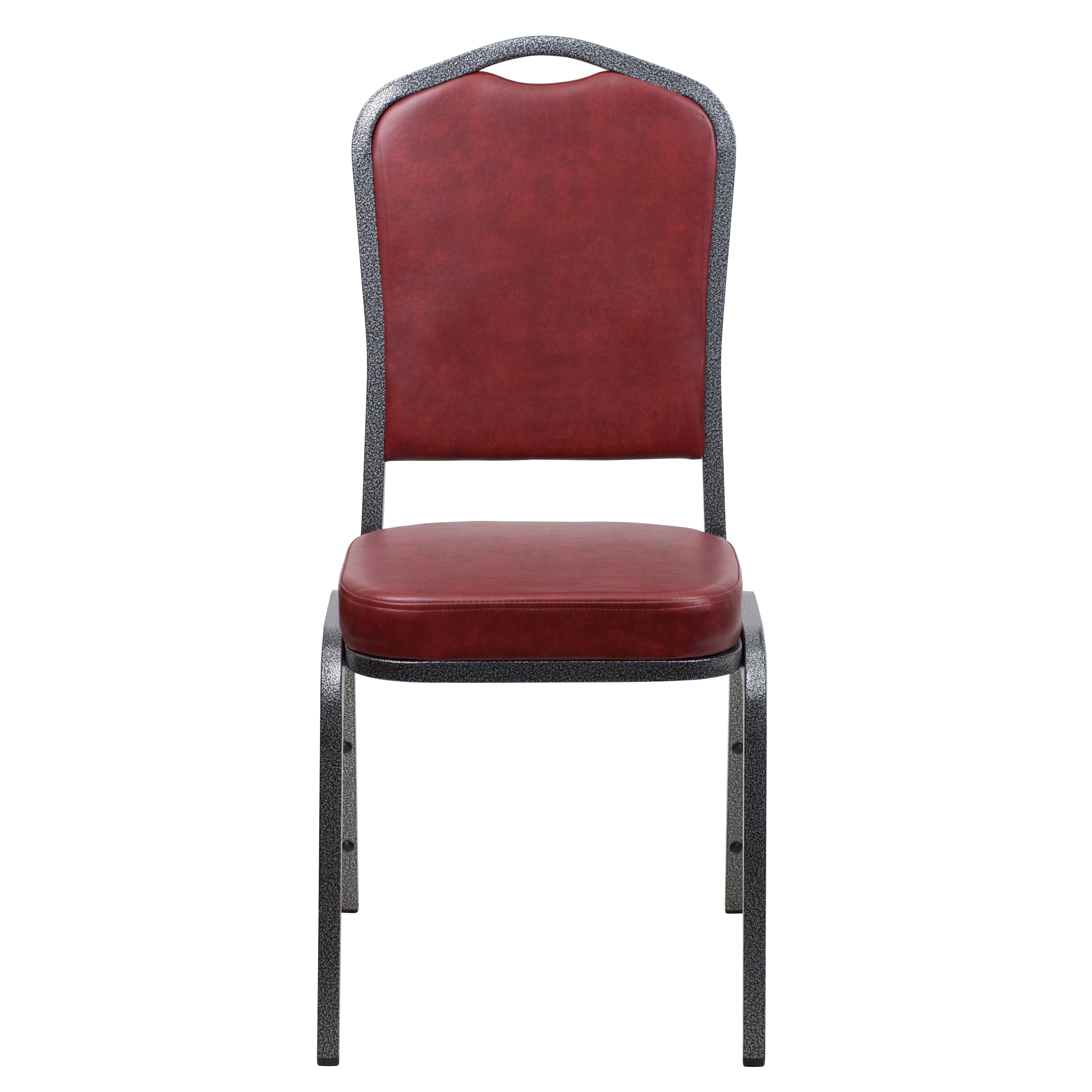 Elegant Burgundy Vinyl Stacking Chair with Silver Vein Metal Frame