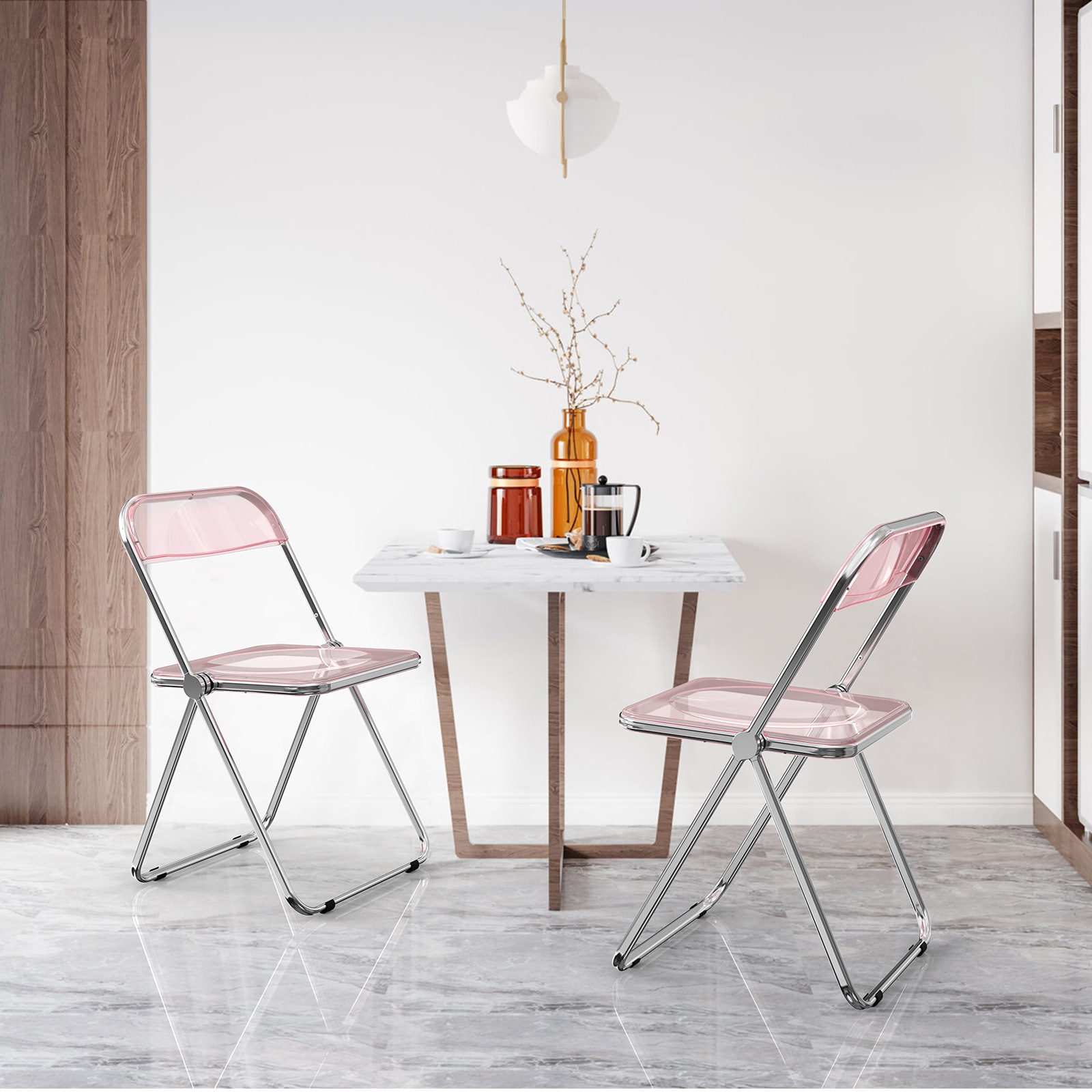 Pink Acrylic Folding Utility Chairs with Metal Frames, Set of 2