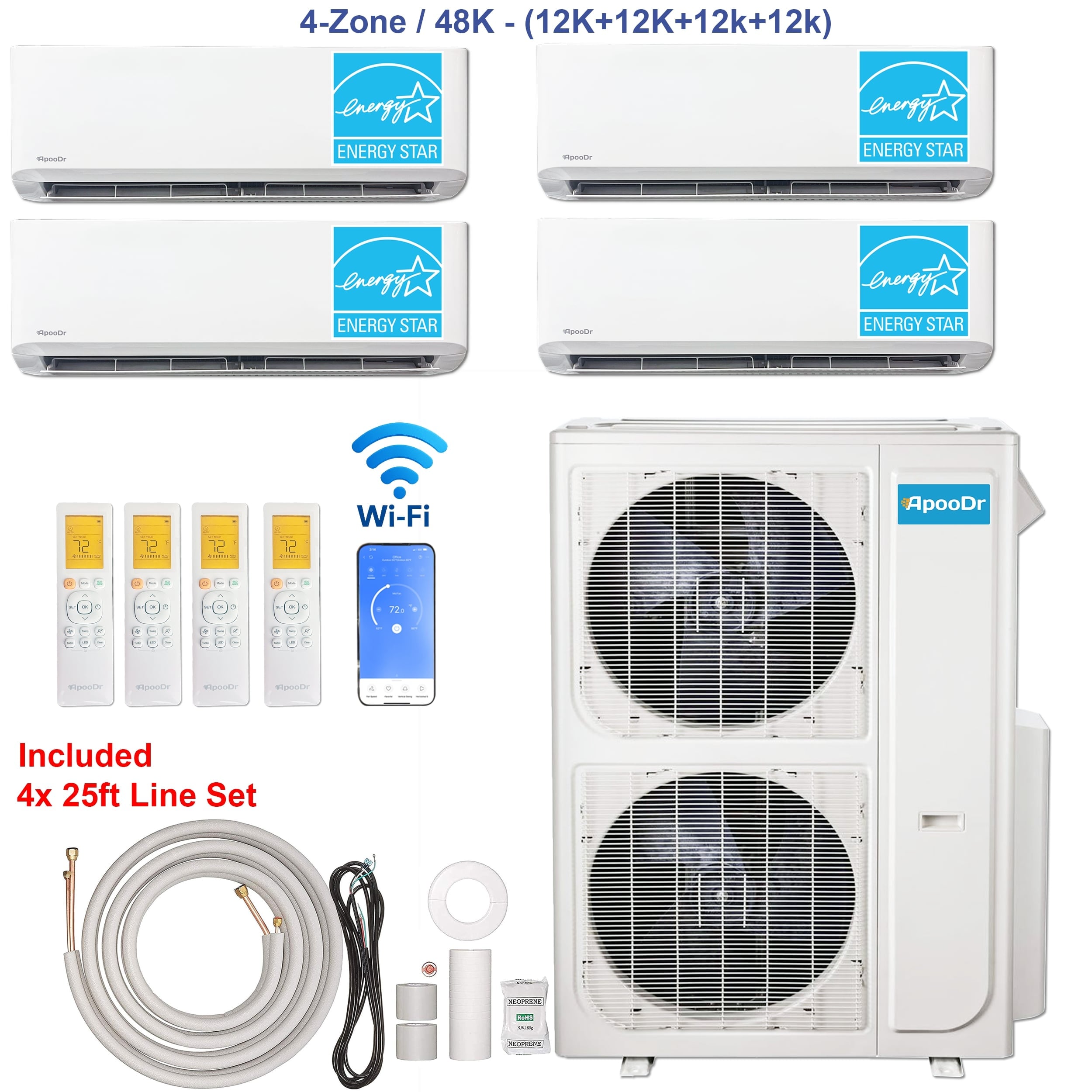 ApooDr AM6OG-48HFN112121212 StarZone 4 zone 48000-BTU 21 SEER2 Ductless Mini Split Air Conditioner Heat Pump Included with 25-ft Line Set 230-Volt