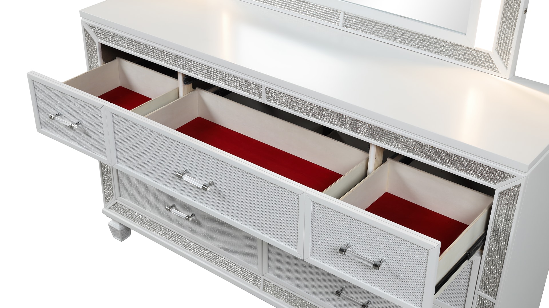 White Glam 7-Drawer Dresser with Mirror and Crystal Accents