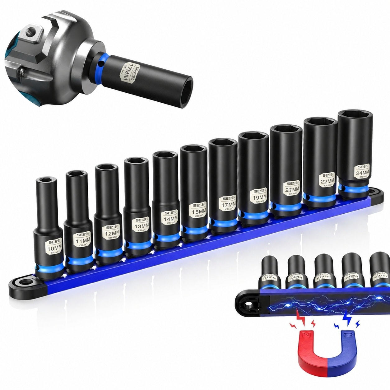 UUDULY  1/2 Drive Impact Socket Set Magnetic Organizer 11 Piece Deep Metric 10 to 24 Millimeter 6 Point for Impact Wrench and Ratchet
