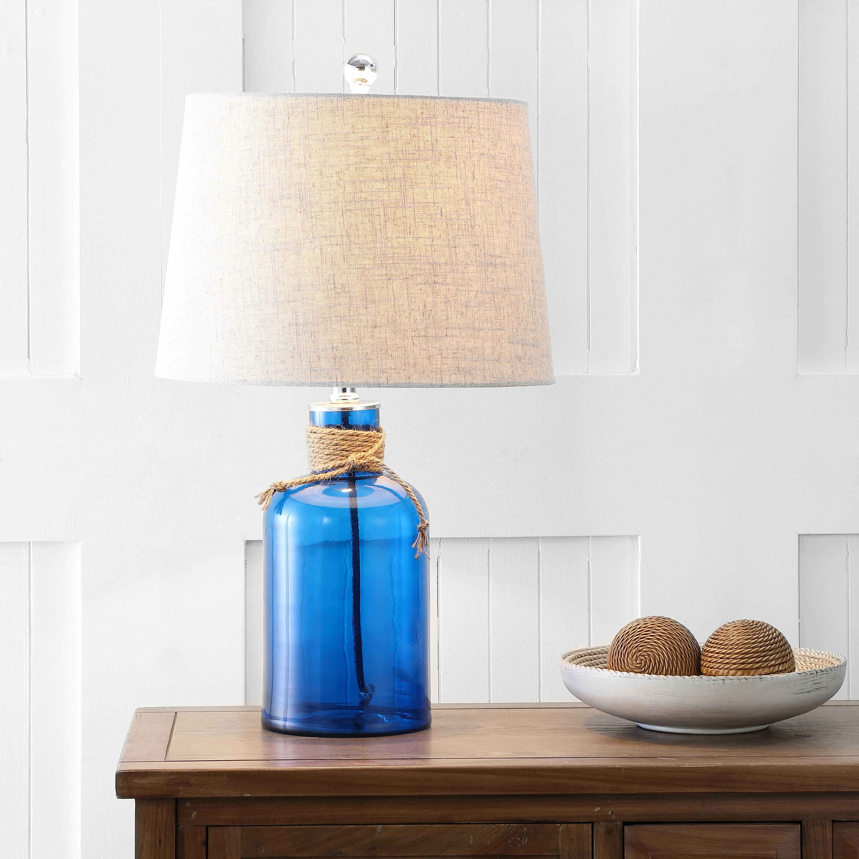 JONATHAN  Y JYL1004A Azure Glass Bottle Coastal/Mediterranean 23.5-in Chrome LED Incandescent Rotary socket Table Lamp with Linen Shade
