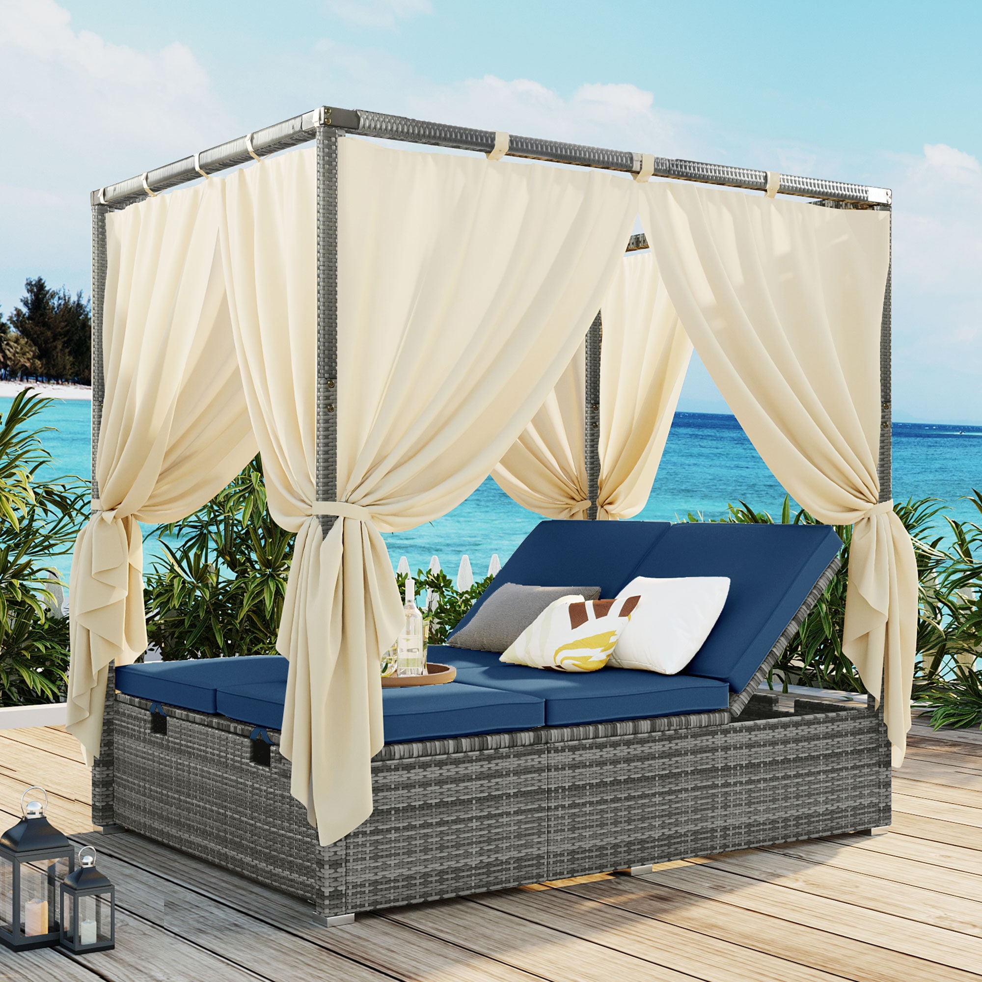 ModernLuxe Adjustable Sun Bed with Curtain,High Comfort Outdoor Daybed ...