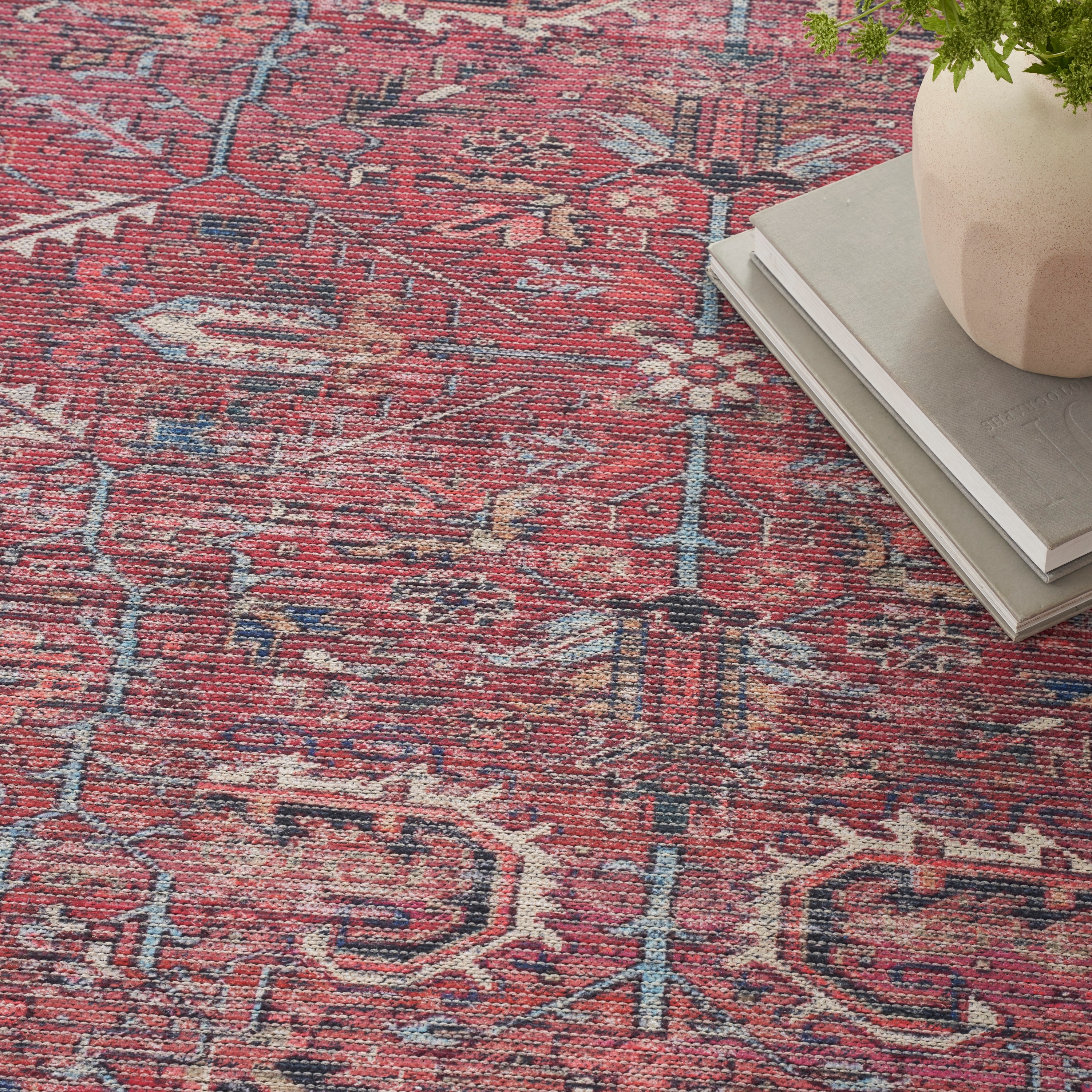 Brick Red Floral Flat Woven Cotton Chenille Rug 6' x 9'