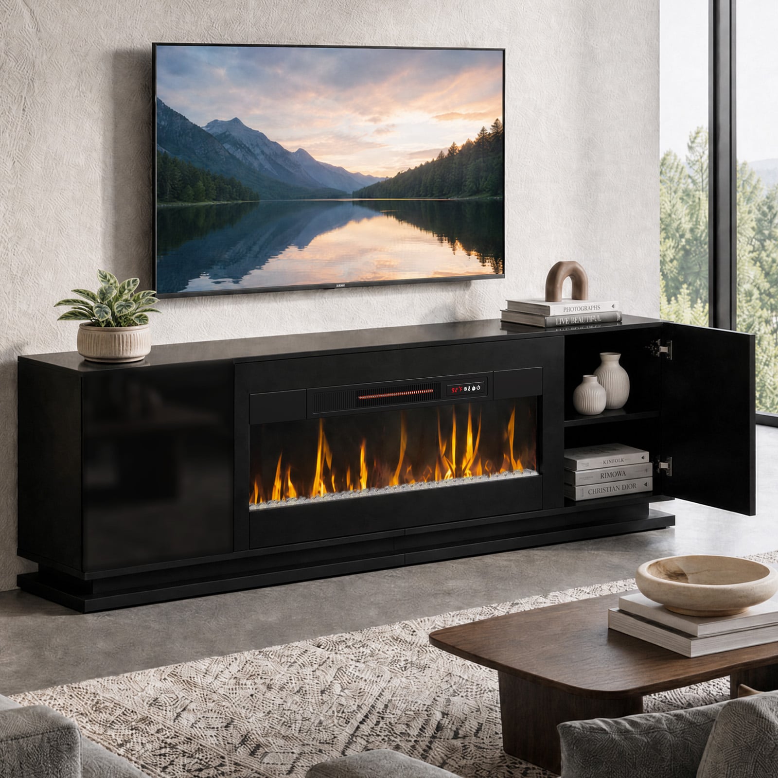 Bestier 70.08-in W Black Electric Fireplace TV Stand with Wavy Textured Cabinet Doors and Side Power Outlets
