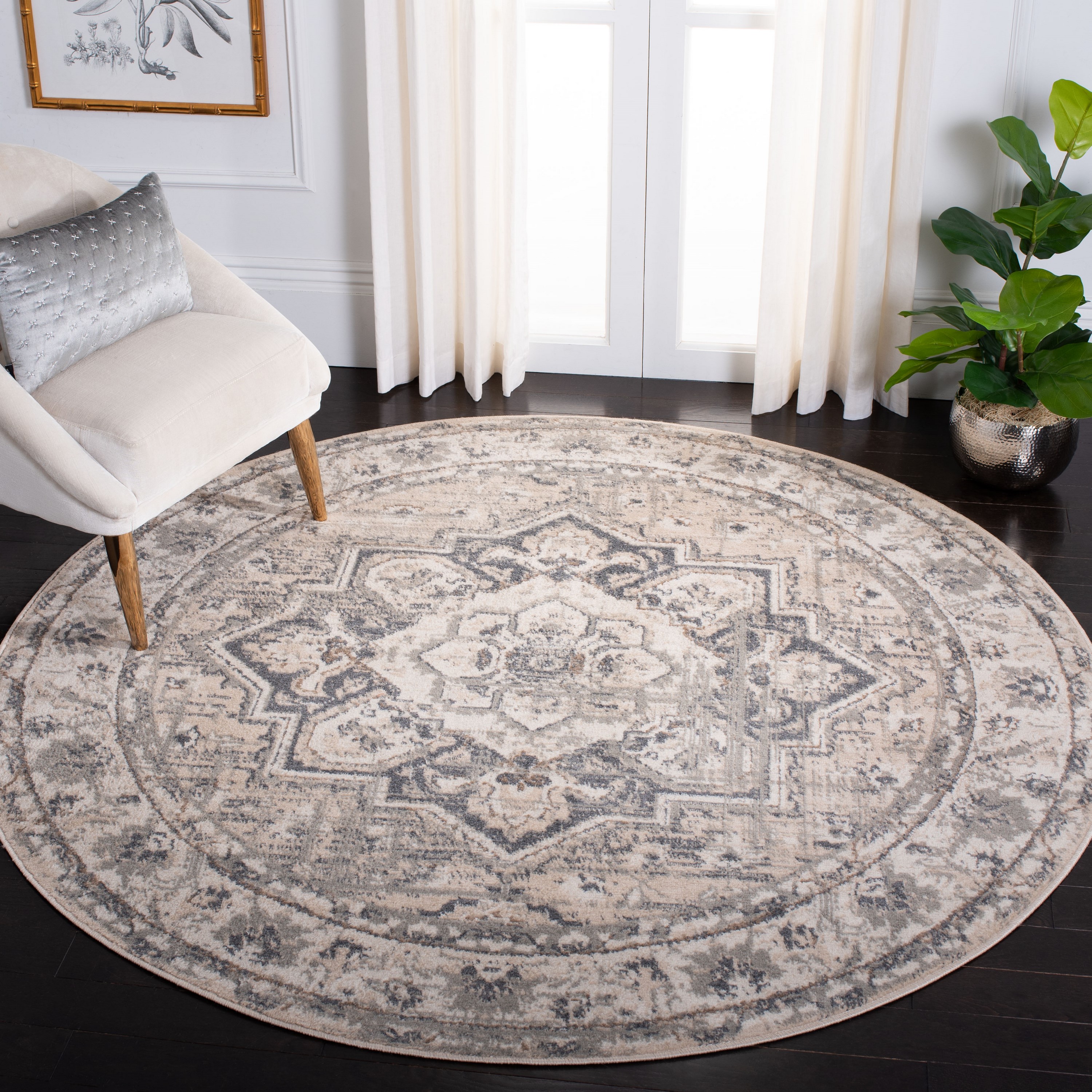 Safavieh PYR268A-7R Pyramid 7 x 7 (ft) Loomed Polypropylene Ivory/Gray Round Indoor Distressed/Overdyed Oriental Area rug