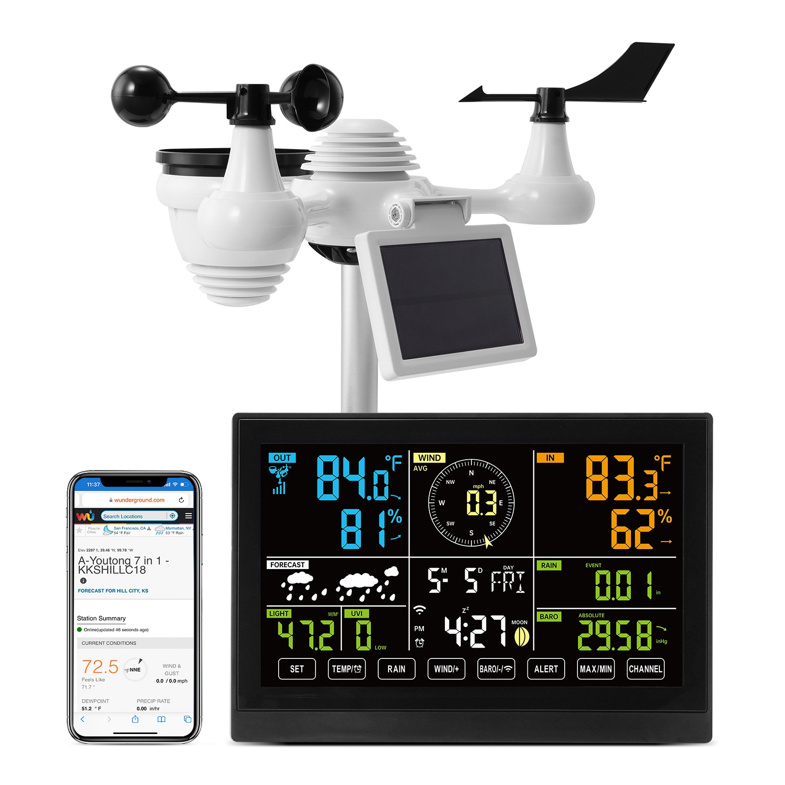 VEVOR 7 in 1 Wi Fi Weather Station 7.5 in Color Display Home Weather Station Indoor Outdoor with Solar Wireless Outdoor Sensor Alarm Alerts for Temperature Humidity Wind Speed/Direction Rain #SCTYNQ75VAWI02990V1