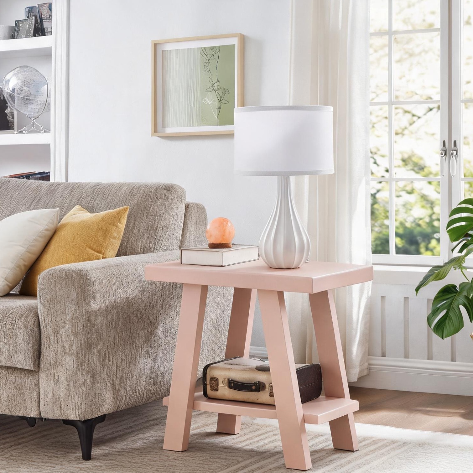 chillscreamni Soft Pink Contemporary Wood Shelf Side Table with Lower ...