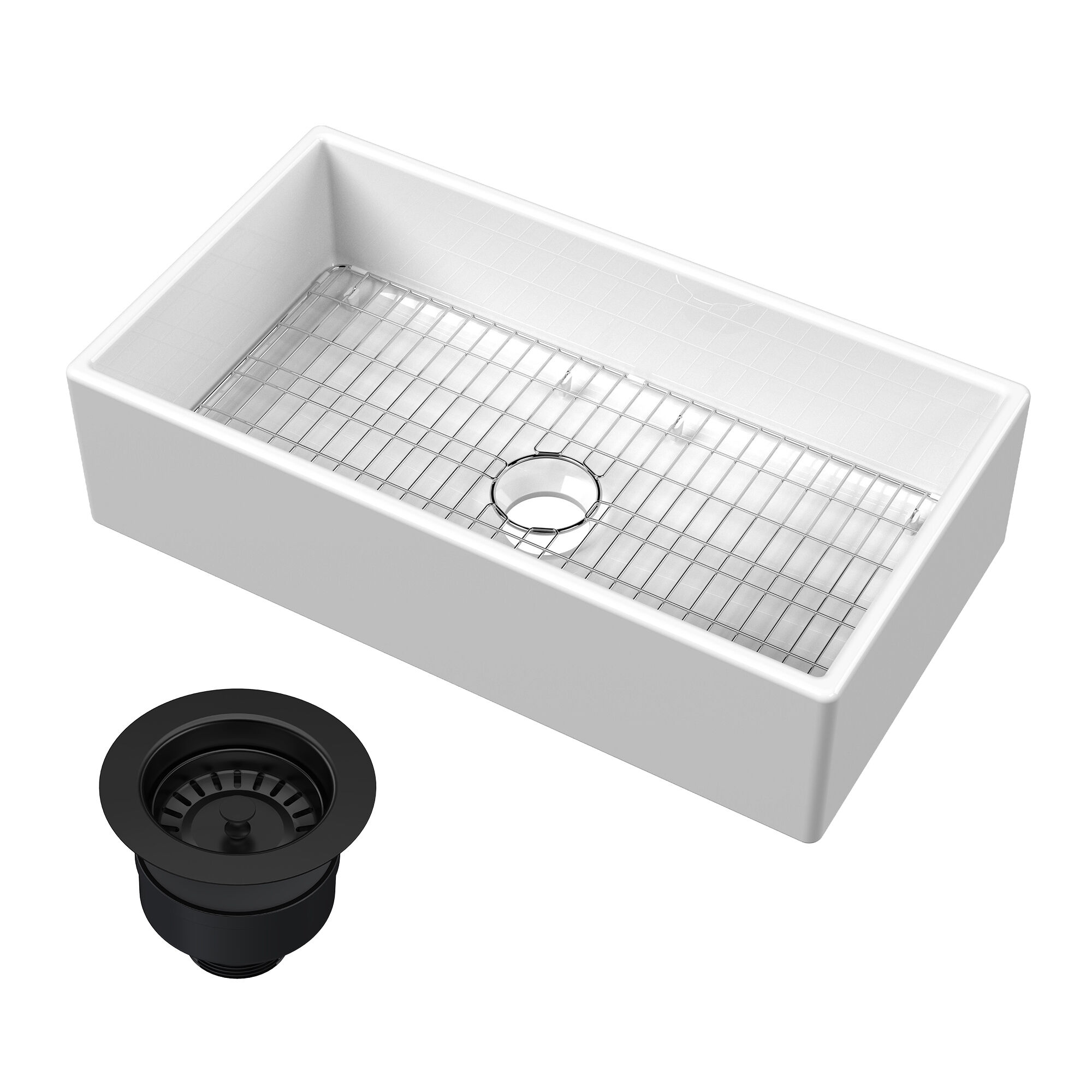 Pelham & White Pelham and White Kitchen Sink with Grid 33-in x 18-in x 8.5-in Fireclay Single Bowl Apron Front Farmhouse Sink with Matt Black Drain