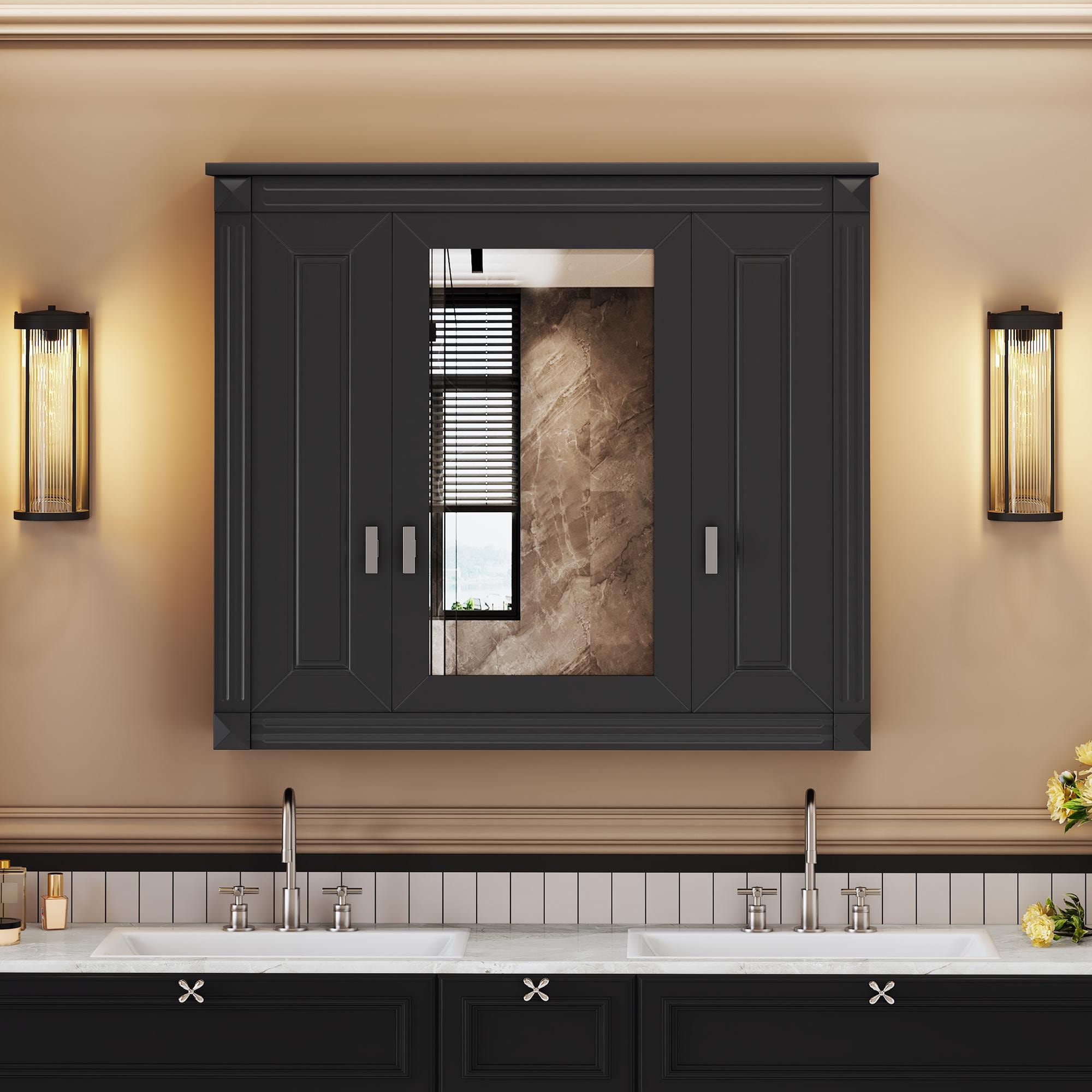 Bayfeve Bathroom Storage Cabinet 35-in x 28.74-in Surface Mount Black Mirrored Rectangle Soft Close Medicine Cabinet