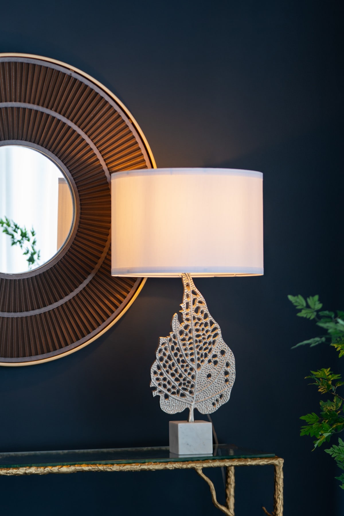 Dexmalle  D15x29.3IN White and Silver Leaf Table Lamp with Drum Shade and Marble Base (Lamp Shade Assembly Required)