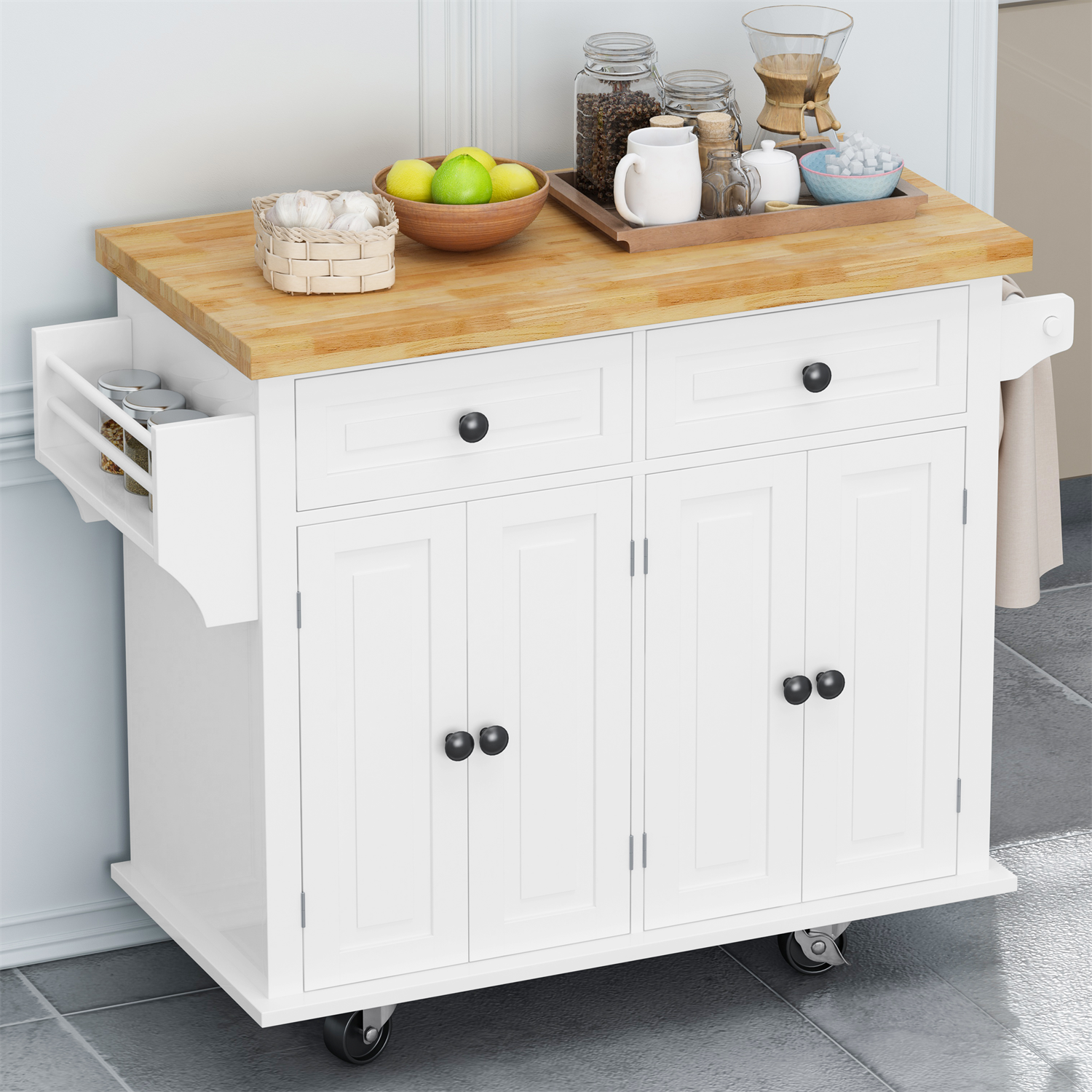 BABOOM White Mdf Base with Wood Top Rolling Kitchen Island (17.72-in x ...