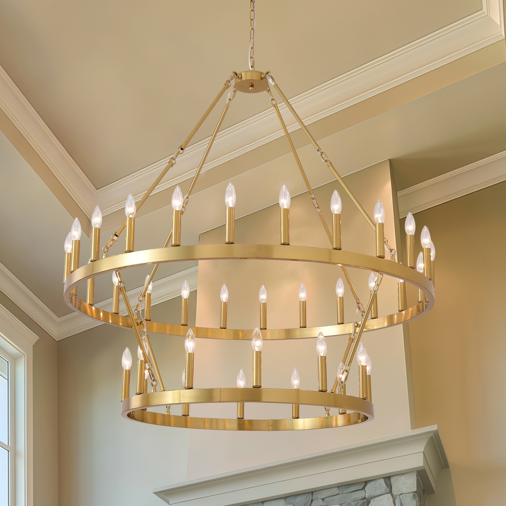 xersbav 2 Tier Large Gold Wagon Wheel Chandelier Round Farmhouse High Ceiling Light Fixture for Dining Room Living Room Foyer Entryway 48in 36 Lights