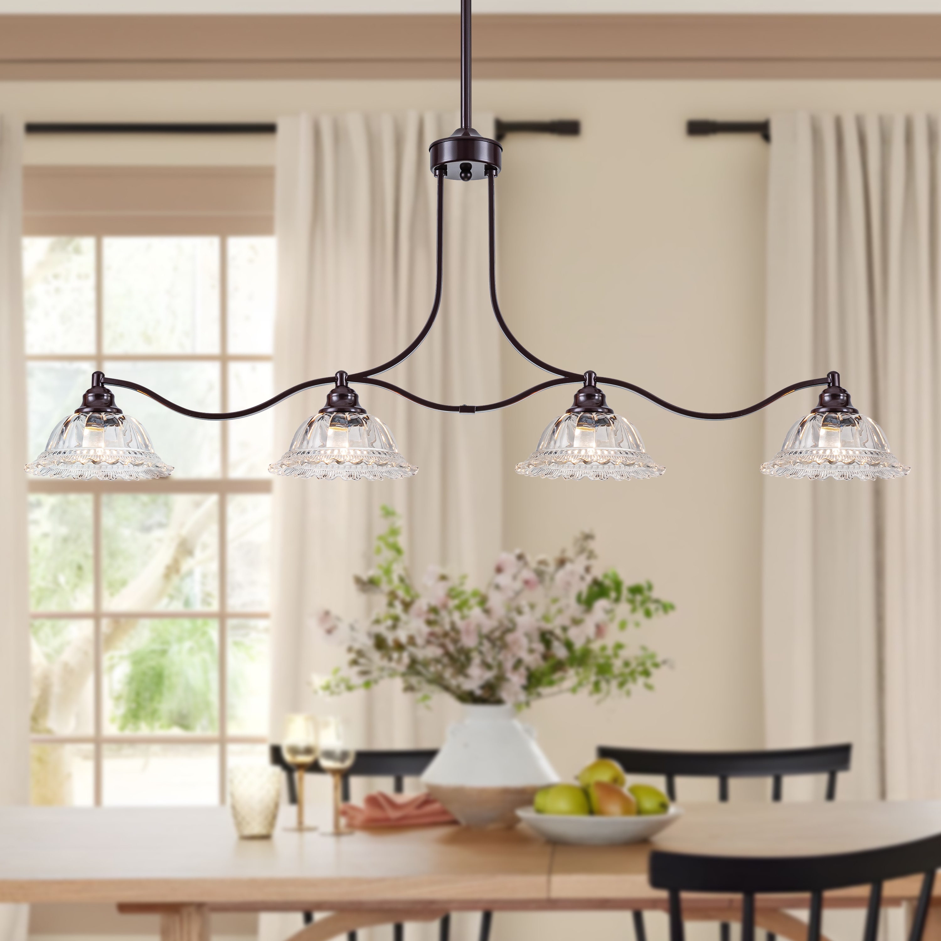 GoYeel 4 -Light Brushed Bronze Mid-century Clear glass Linear Hanging Kitchen Island Light