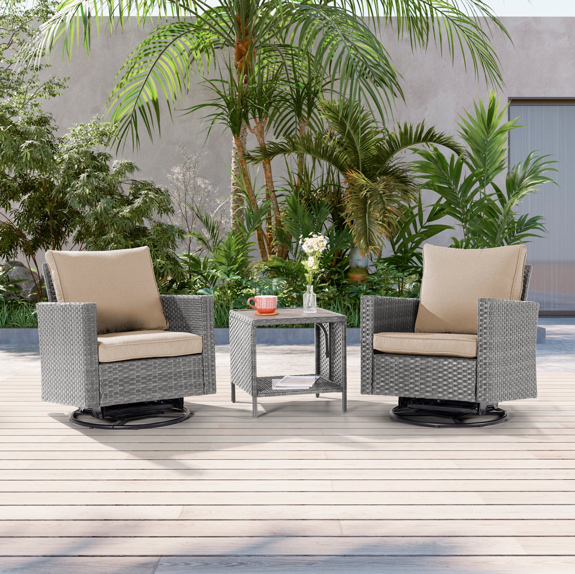 Sonkuki SD-PS2R-HBG-T3 Patio Conversation Set 3 -Piece Wicker Patio Conversation Set with Beige Cushions