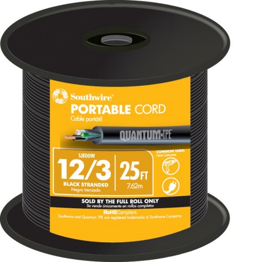 Southwire 25-ft 12-3 Black Sjeoow Power Cord (By-the-Roll) in the Power