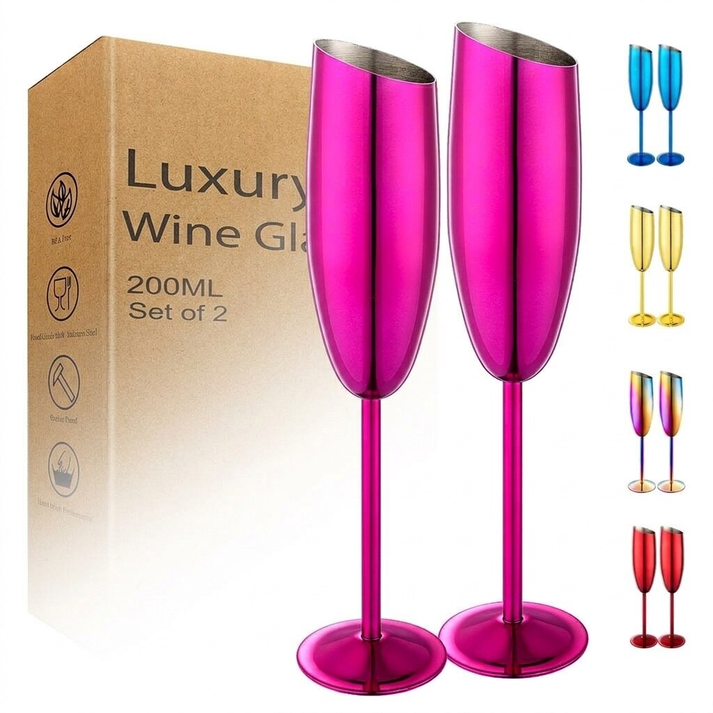 Aoibox  7 oz Stainless Steel Slanted Mouth Long Stem Unbreakable Champagne Flutes Toasting Set Set of 2 Home