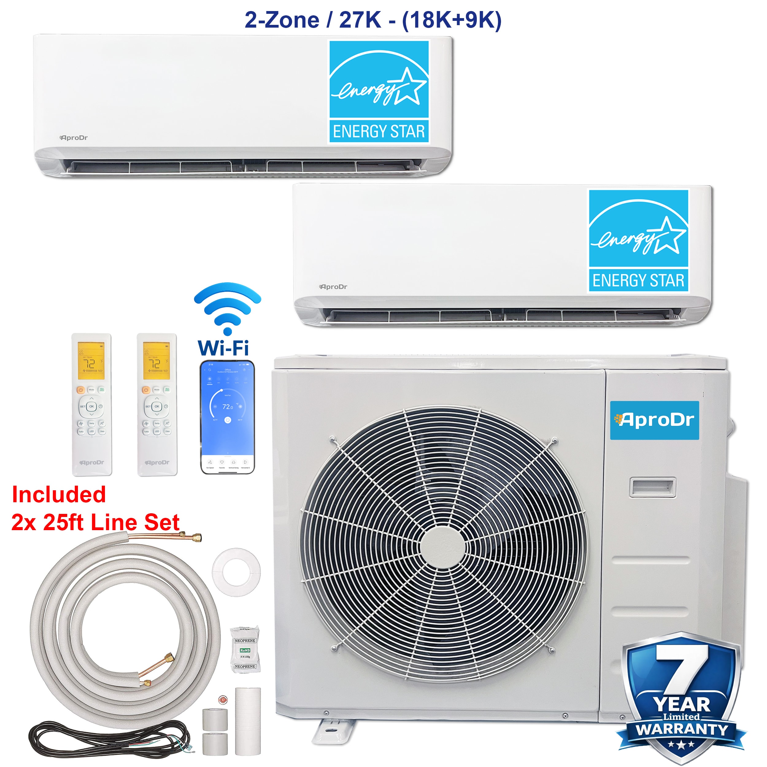 AproDr Star Multi Zone 2 zone 27000-BTU Ductless Mini Split Air Conditioner Heat Pump Included with 230-Volt