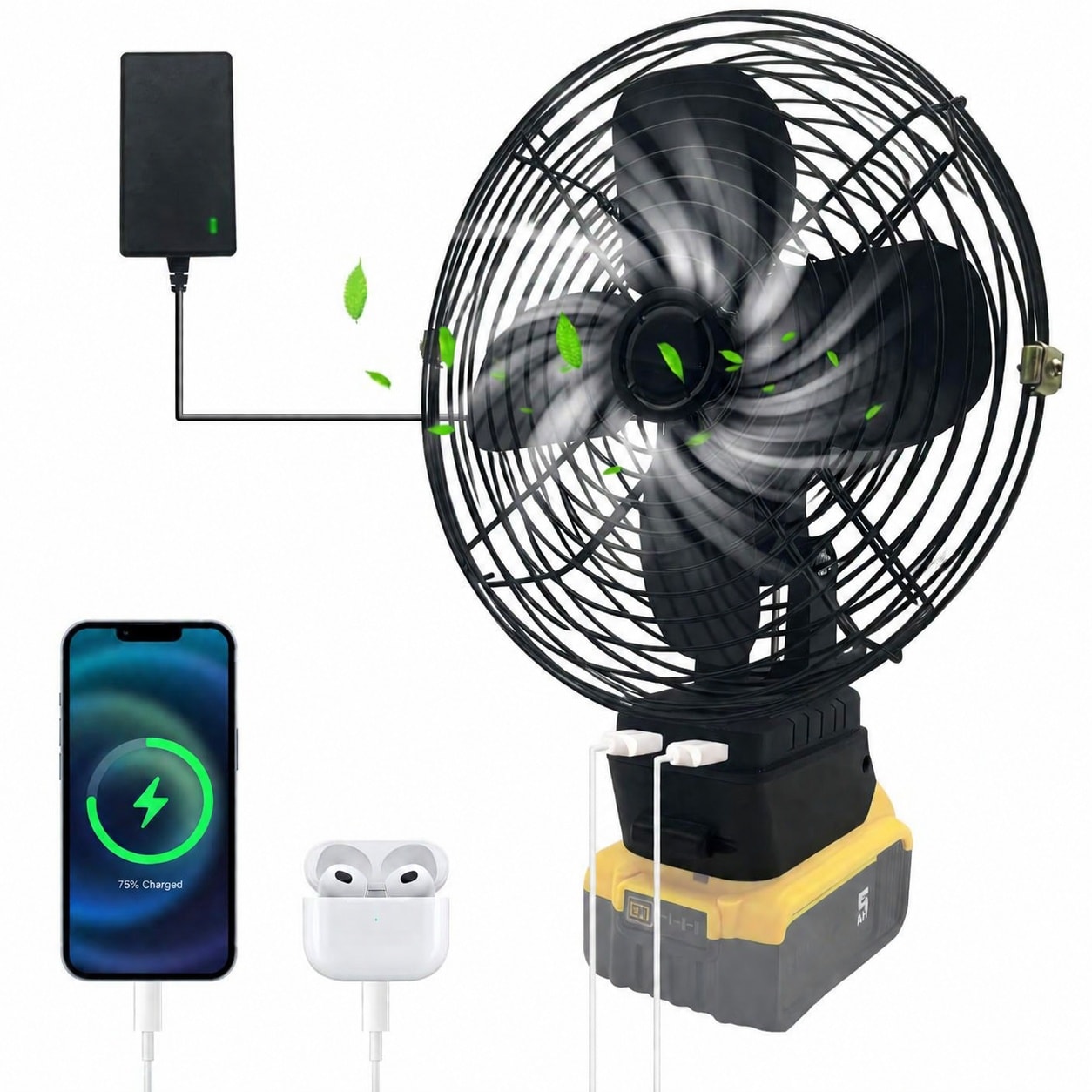 Misopily  Portable Cordless Fan Compatible with 20V Power Tools Brushless Motor 2 Speed Settings Dual USB Charging Adjustable Head for Jobsite