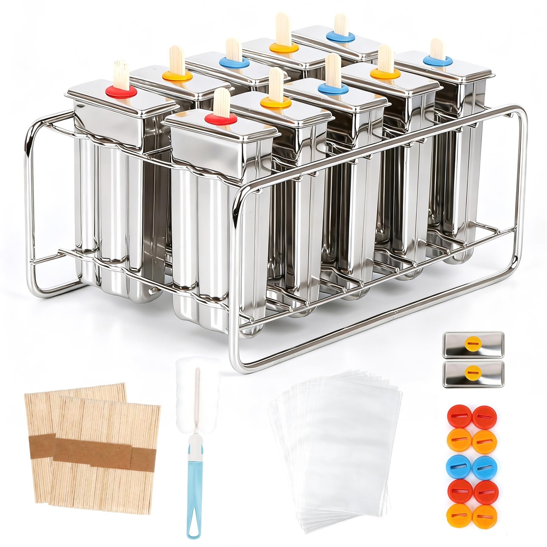 Etokfoks  Popsicle Molds with 100 Sticks 20 Bags 22 Silicone Seals 1 Cleaning Brush 1 Stand 10 Piece Set