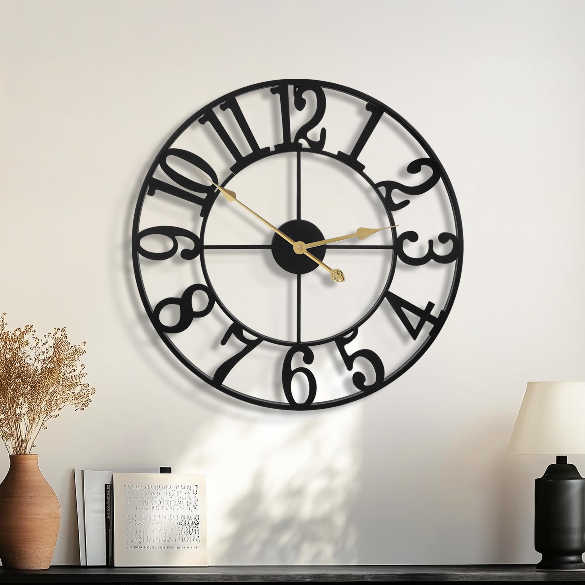 Phewnyzo  40 Inch Large Wall Clock Black Metal Oversized Decorative Wall Clock with Arabic Numerals Nearly Silent for Living Room Farmhouse Office