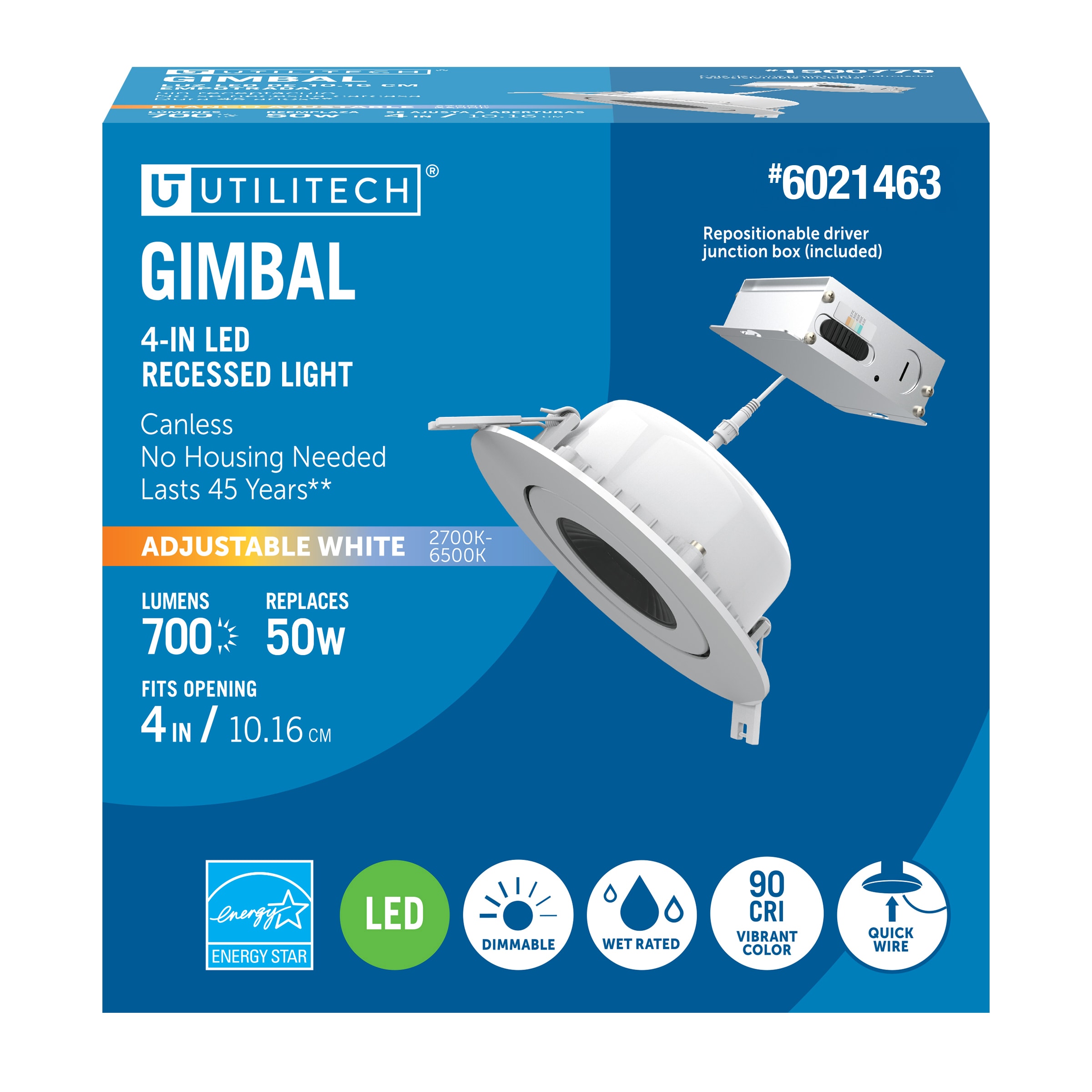 Utilitech LLEDR4XT/ADJ/5CCTCA White 4-in 700 -Lumens Switchable white Round Dimmable LED Canless Wet rated Recessed Downlight
