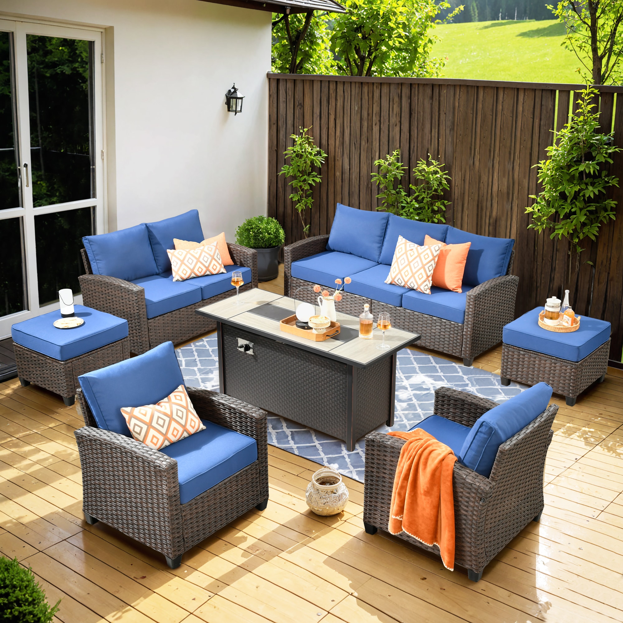 Ovios RFP5PR706 7 -Piece Rattan Patio Sofa Conversation Set with Navy Cushions