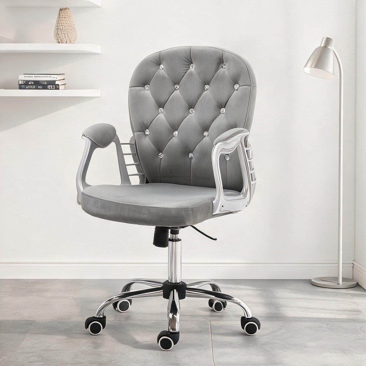 BBabe Desk with Grey Velvet-Feel Fabric and 9.2 x 9.3 x 15.9 in Tufted Detail Velvet-Feel Slate Gray Task Chair
