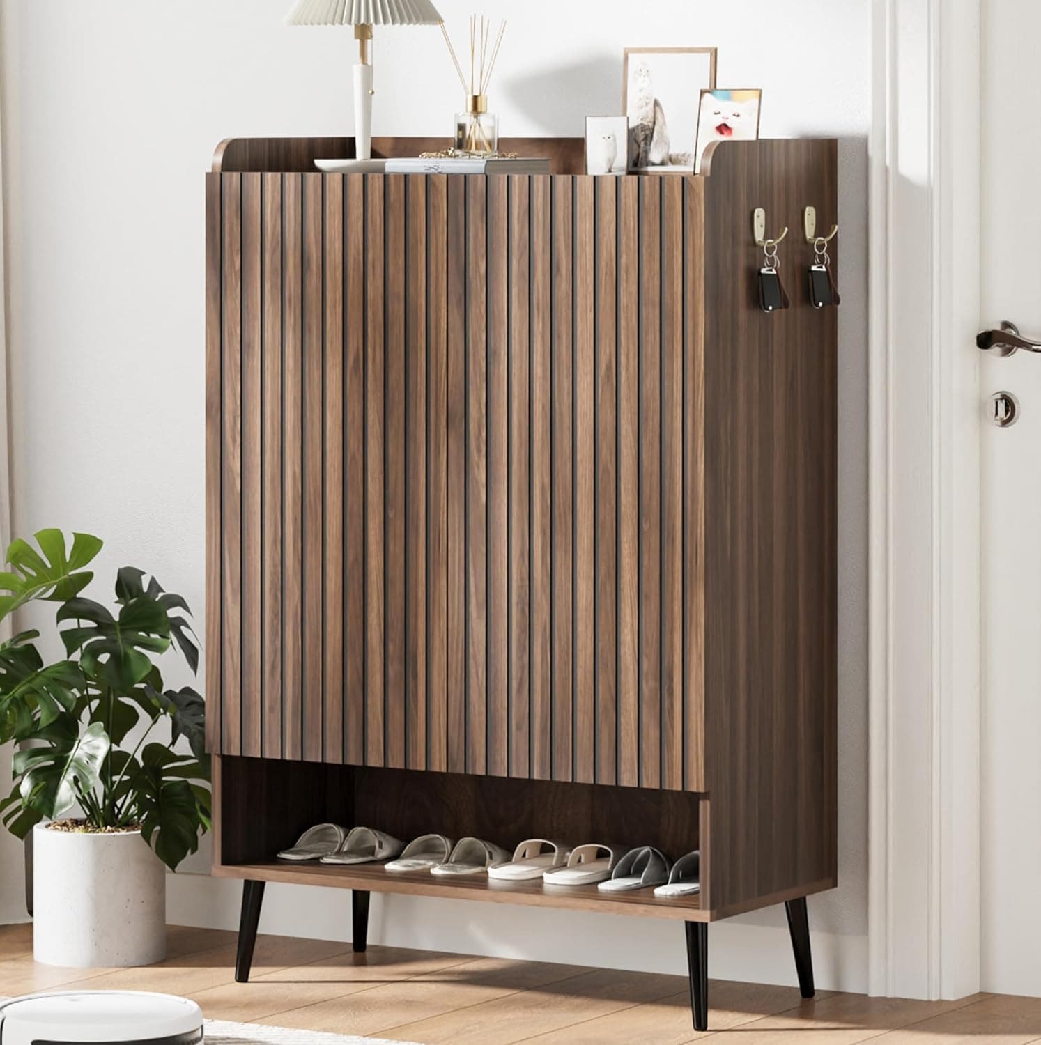 Garvee Large Shoe Cabinet with Doors 6 Tier Shoe Organizer with 2 Doors and Additional Hooks for Hallway Entryway Living Room Brown #OYF-PHO-3535JPER