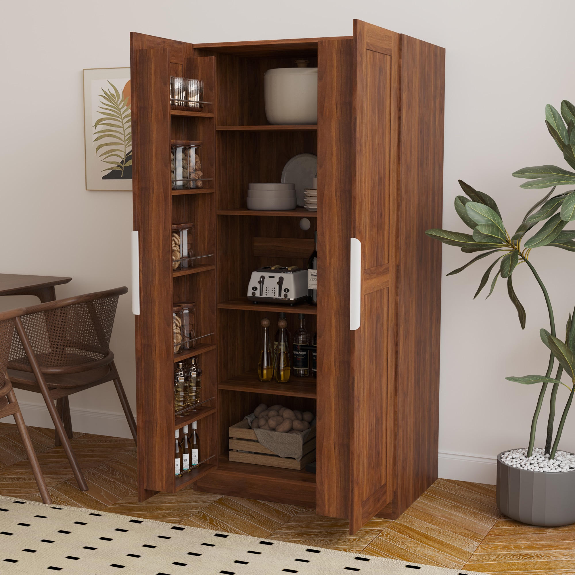 Vynxaria 31.5-in W x 63-in H x 21.65-in D Walnut Kitchen Pantry Hutch