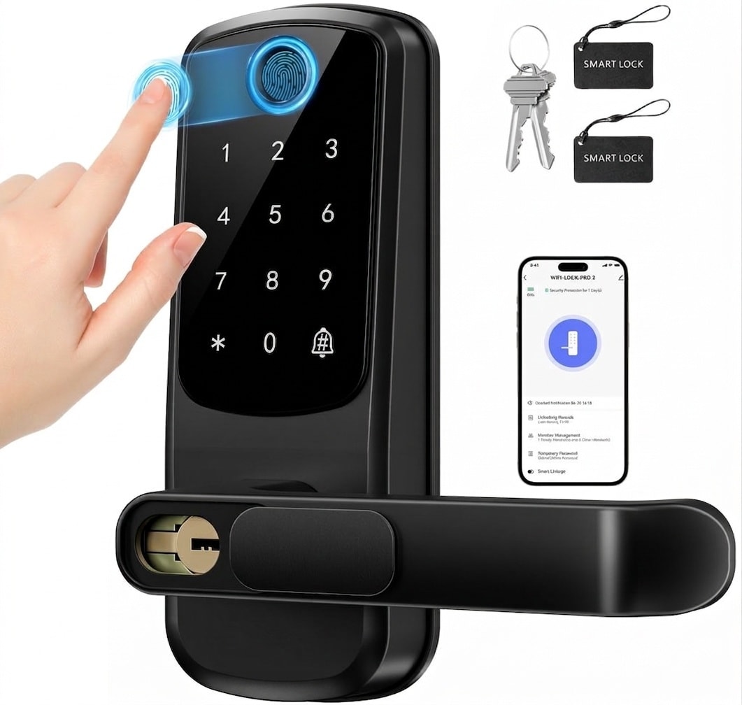 Adrinfly Keyless Entry Smart Door Lock Built in WiFi Electronic Fingerprint Lock with Touch Keypad Handle Fits 1.31 to 2.16 in Doors 1 Piece Black #LAD0509M33