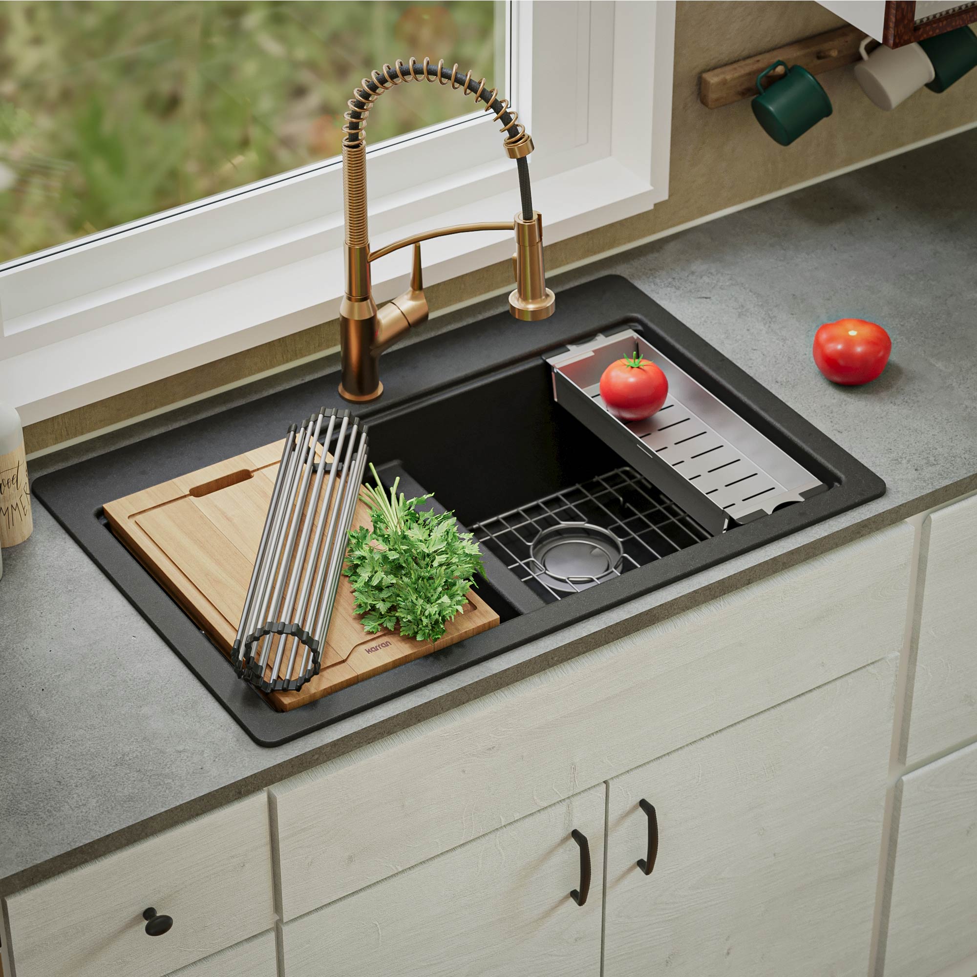 Karran QTWS-880-BL Drop-in 33-in x 22-in Quartz Double equal bowl 1-Hole Workstation Kitchen Sink with Drainboard