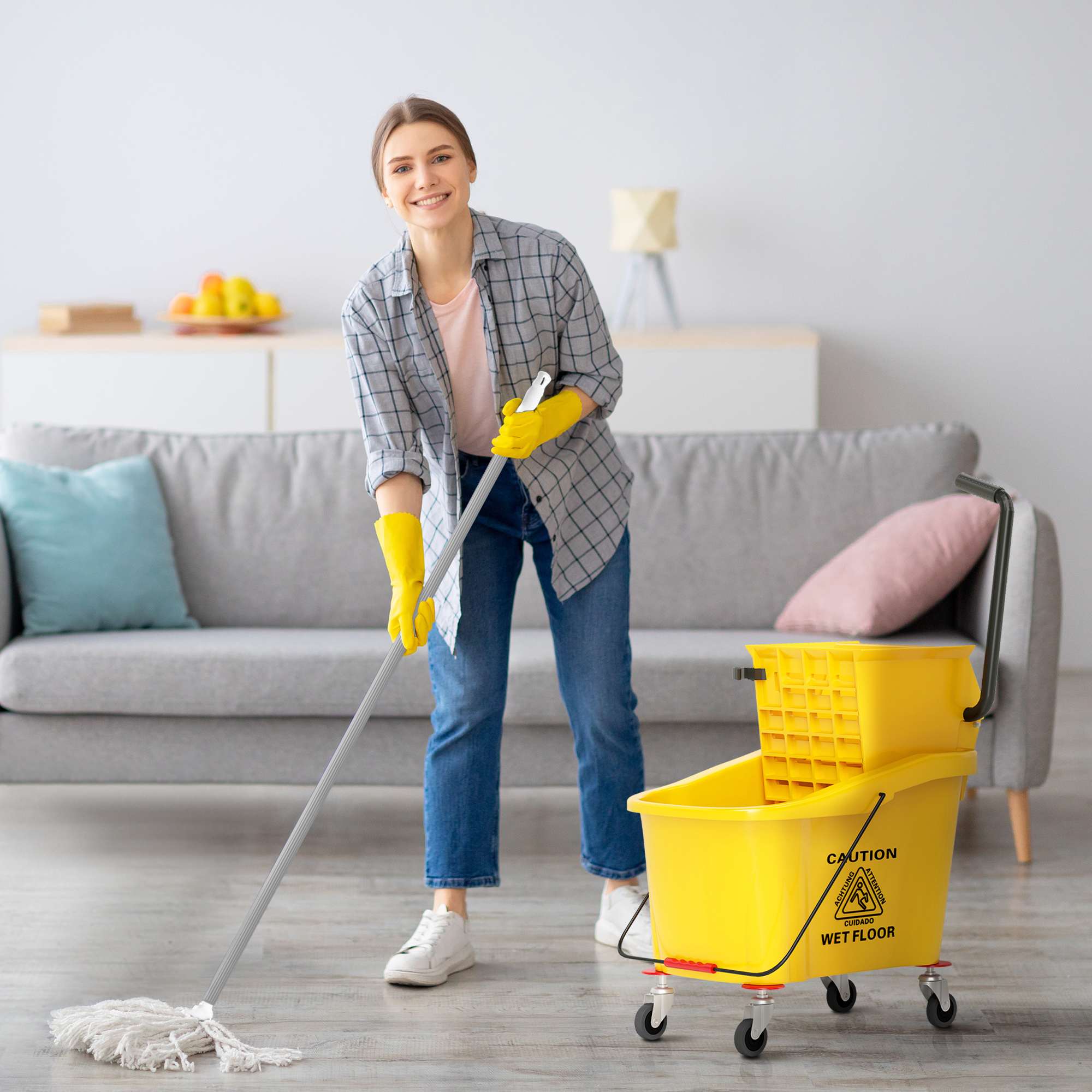 CIPACHO  Mop Bucket with Wringer on Wheels for Floor Cleaning 38 Quart Down Press Wringer with Handle Yellow
