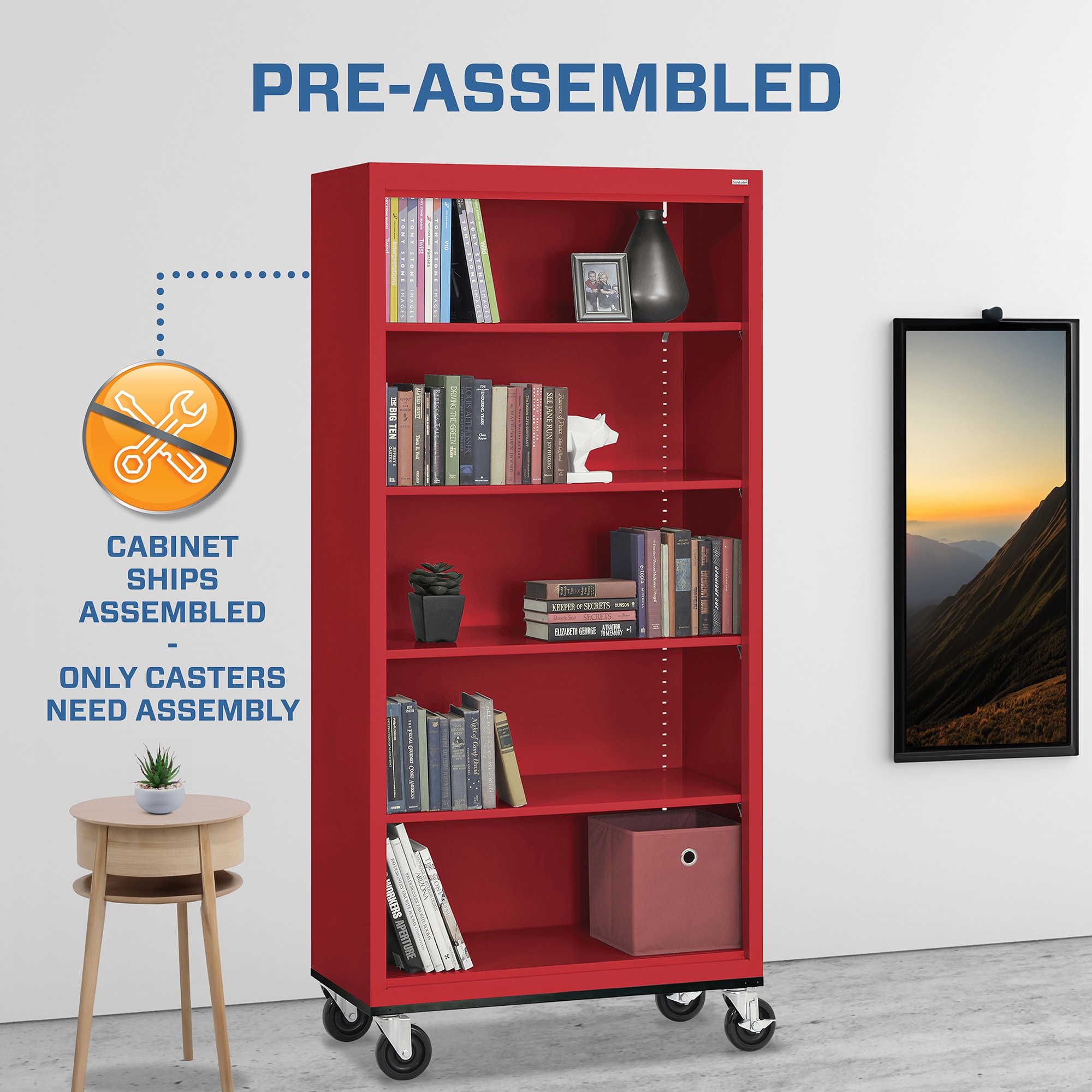 Red Steel Mobile Bookcase with Adjustable Shelves, 78" Height
